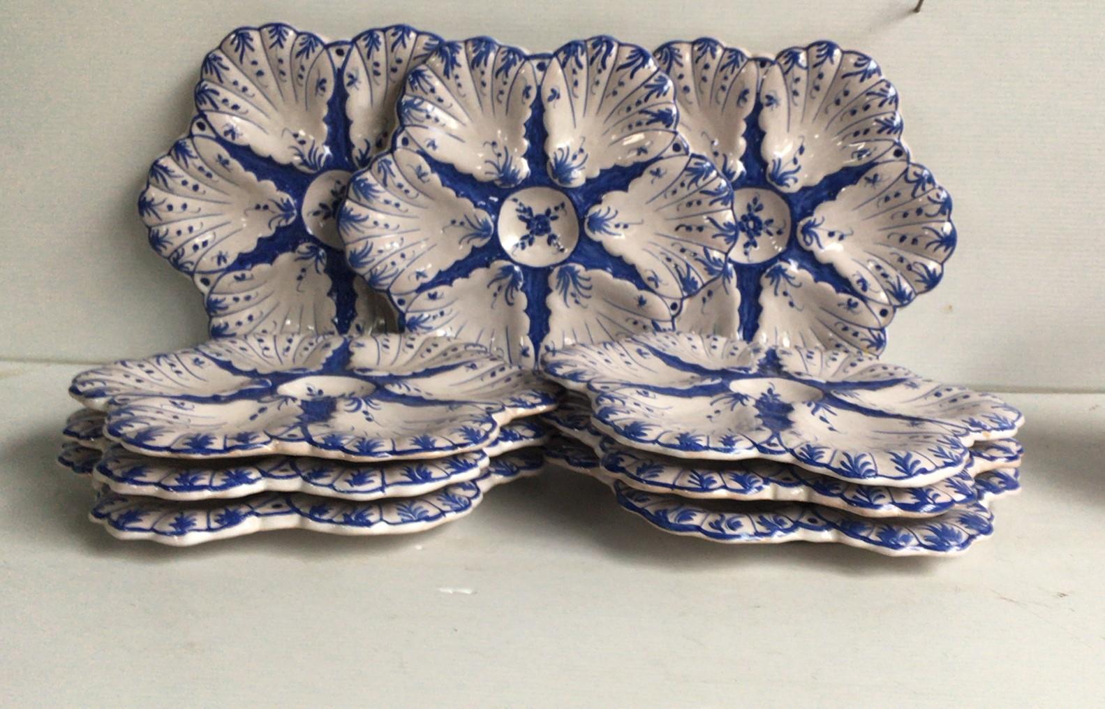 French Blue and White Faience Oyster Plate Moustiers Style, circa 1940 1