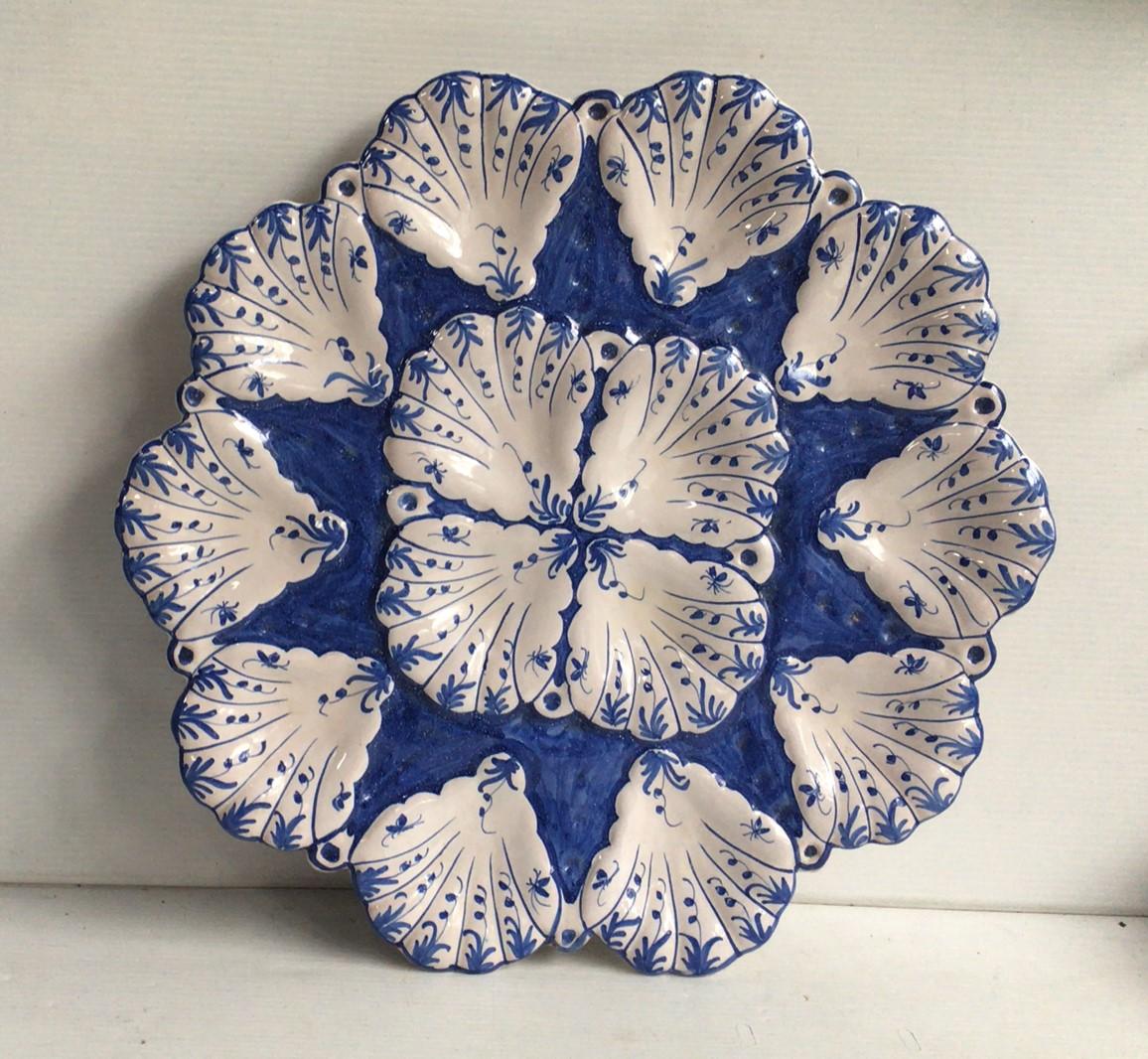 French Blue and White Faience Oyster Plate Moustiers Style, circa 1940 2