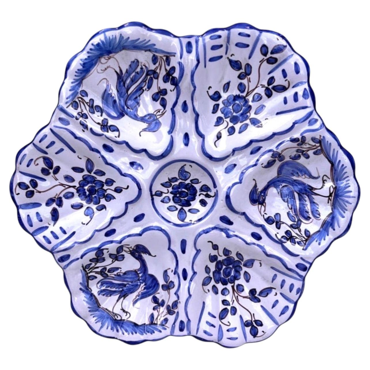 French Blue & White Faience Oyster Plate Moustiers Style, circa 1940 For Sale