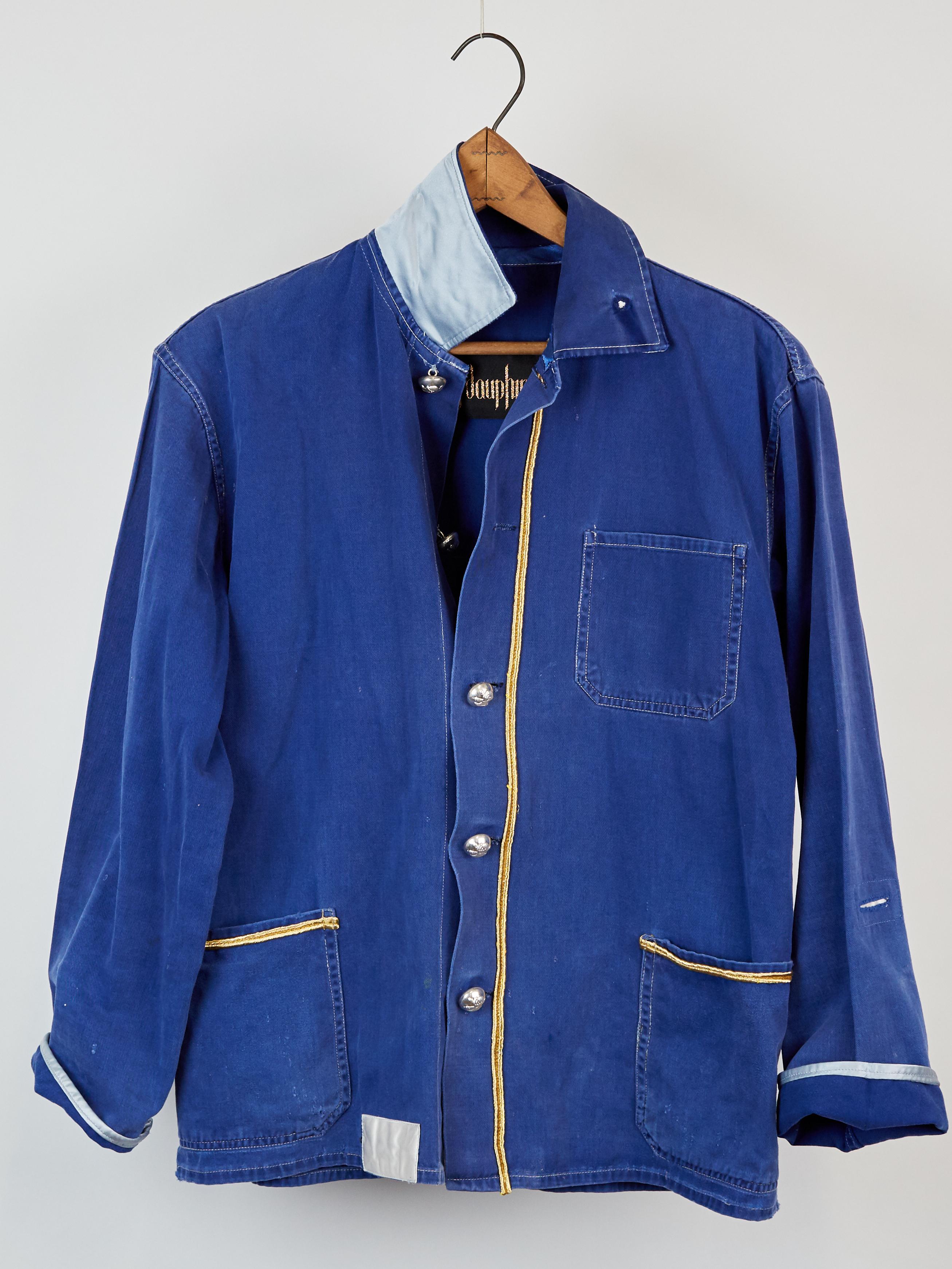 French Blue Work Jacket Cotton Blazer  Embellished Gold Braid J Dauphin In New Condition In Los Angeles, CA