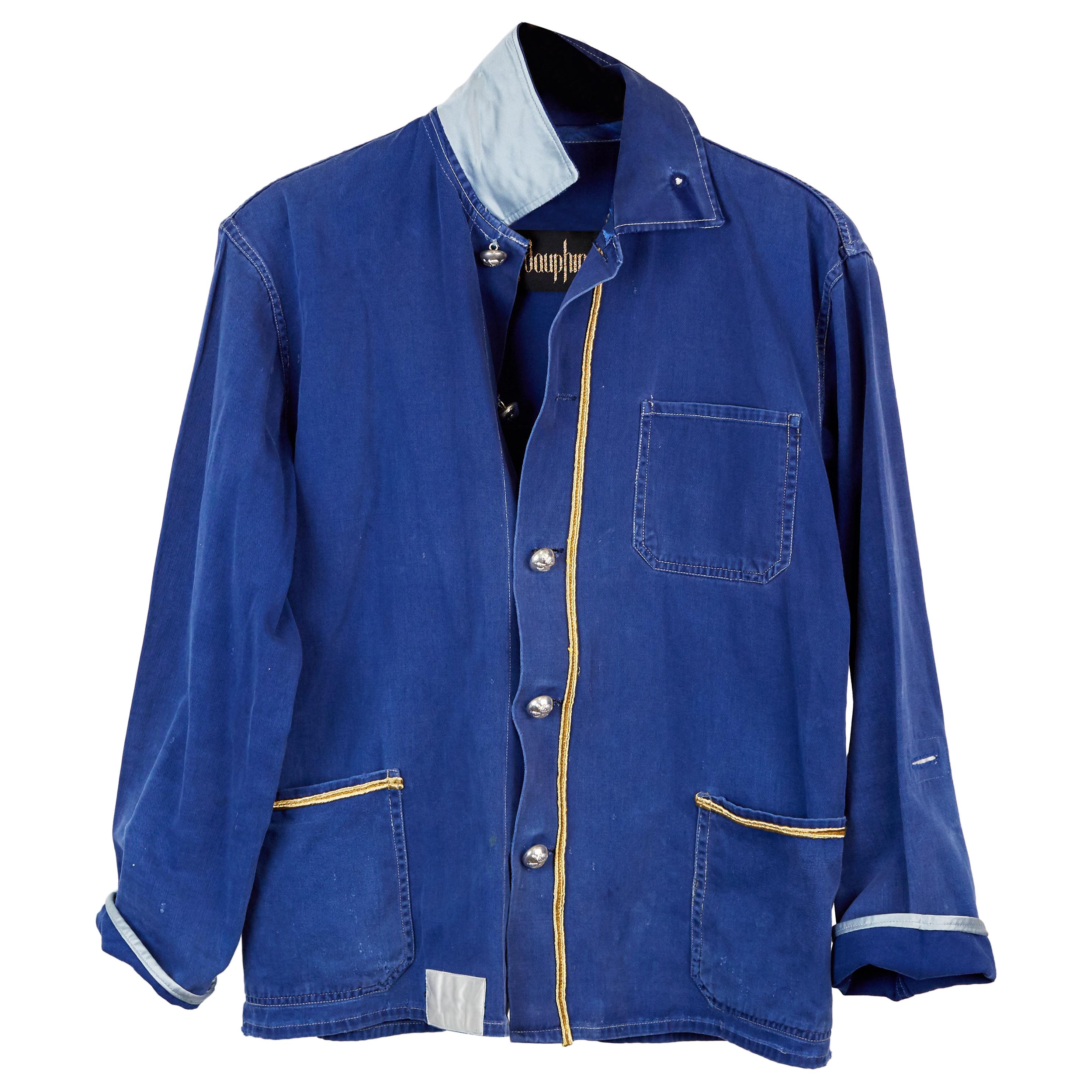 French Blue Work Jacket Cotton Blazer  Embellished Gold Braid J Dauphin