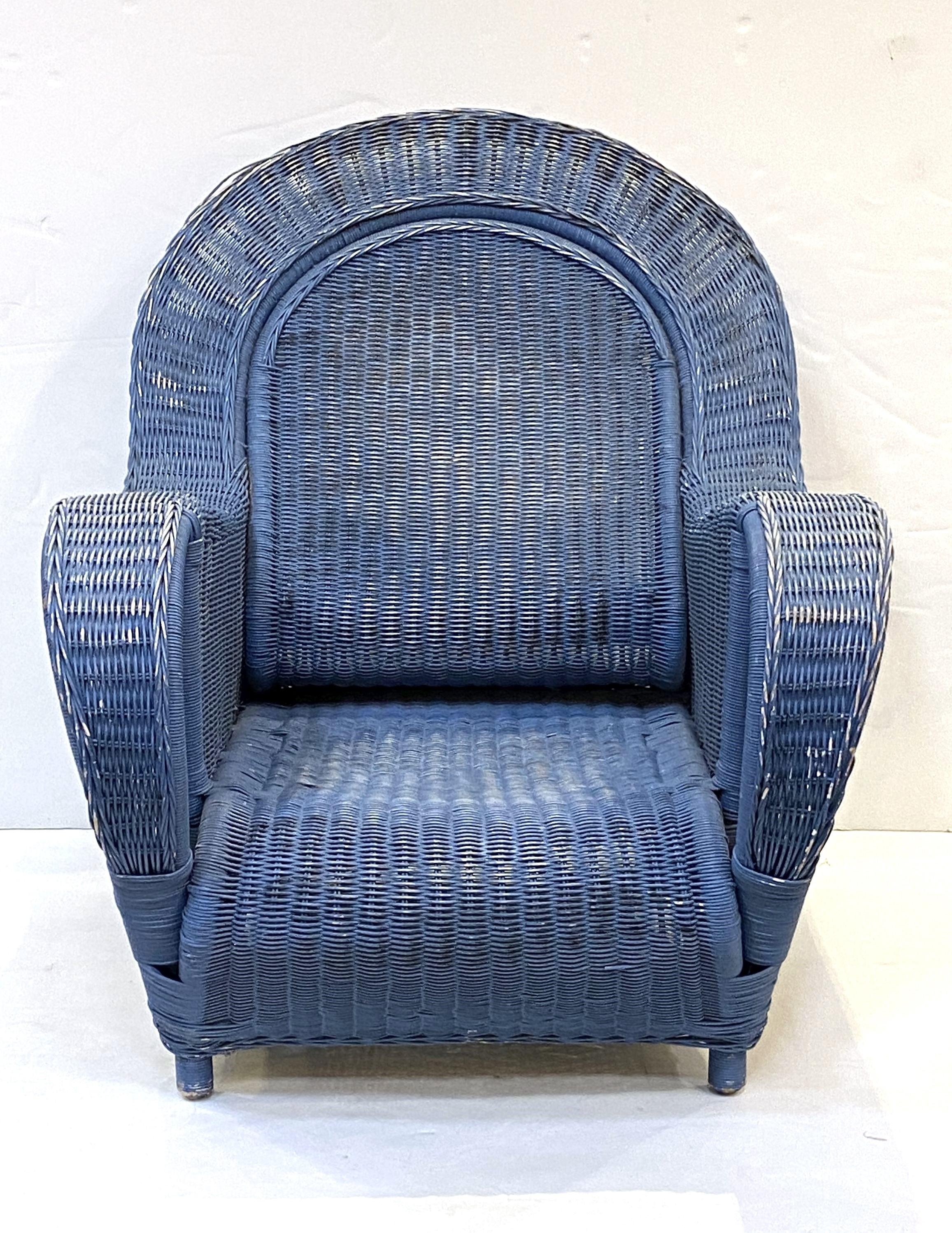 French Blue Woven Wicker Lounge Armchair in the Art Deco Style 6