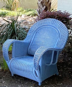French Blue Woven Wicker Lounge Armchair in the Art Deco Style