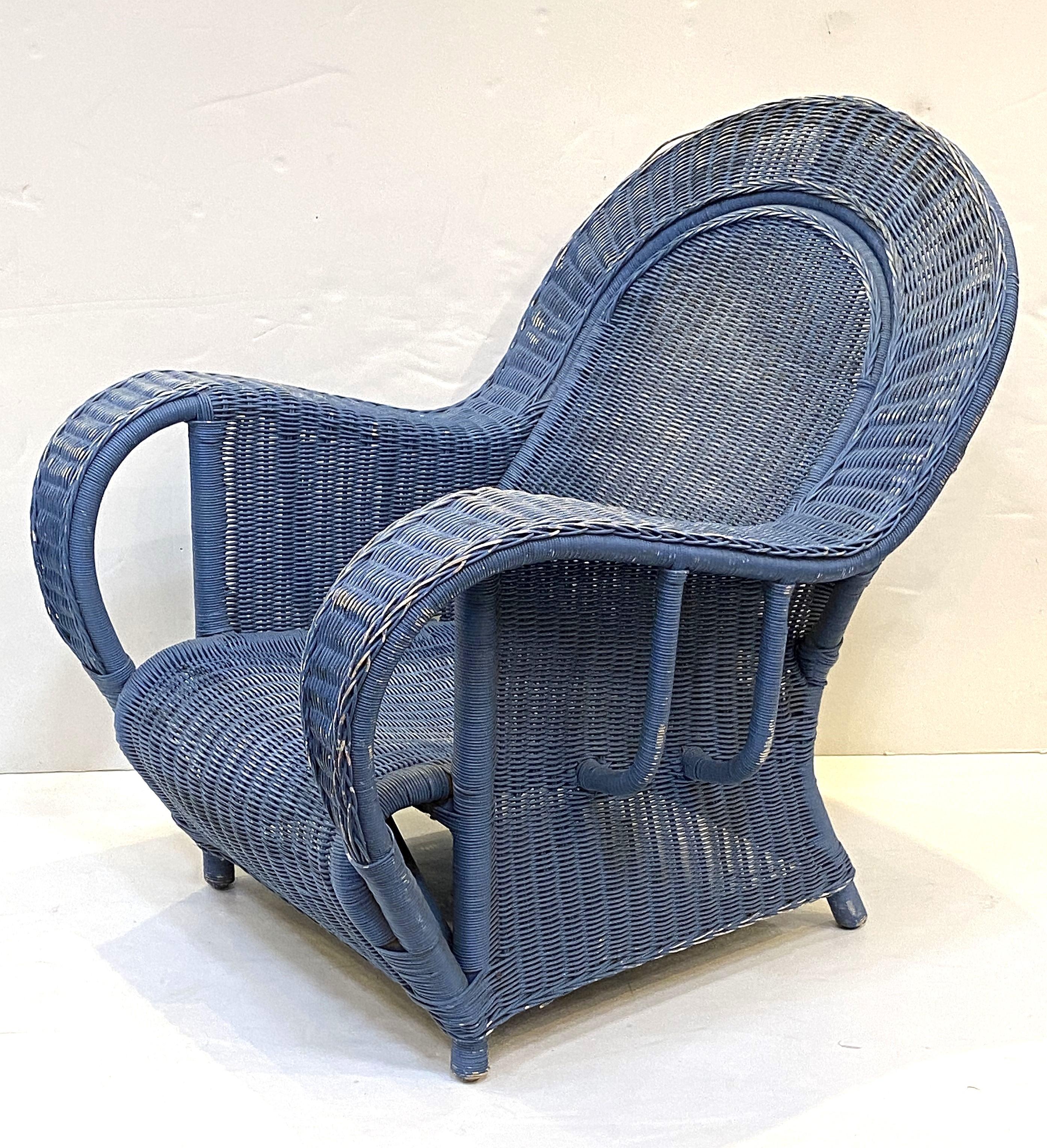 French Blue Woven Wicker Lounge Armchair in the Art Deco Style In Good Condition In Austin, TX
