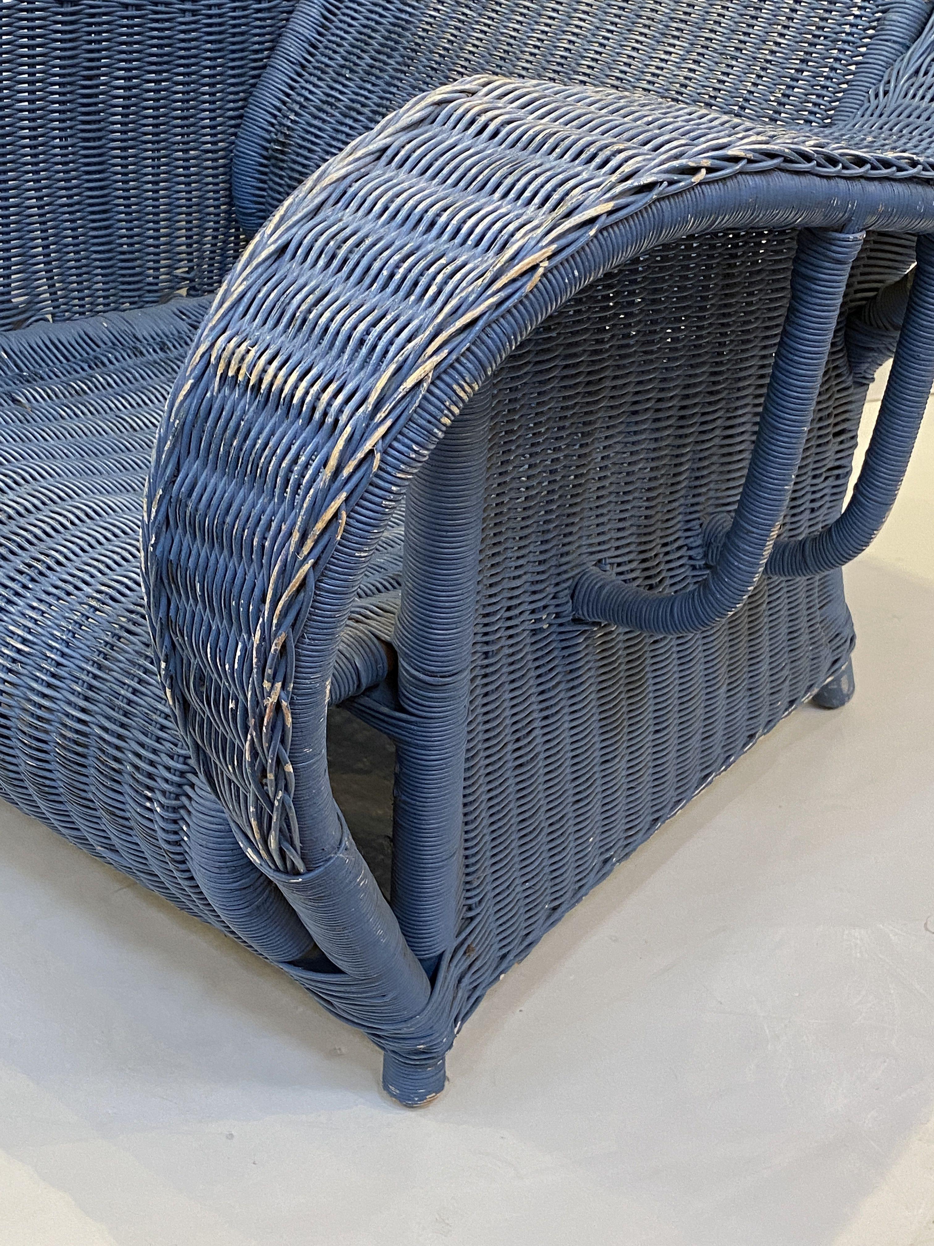 20th Century French Blue Woven Wicker Lounge Armchair in the Art Deco Style