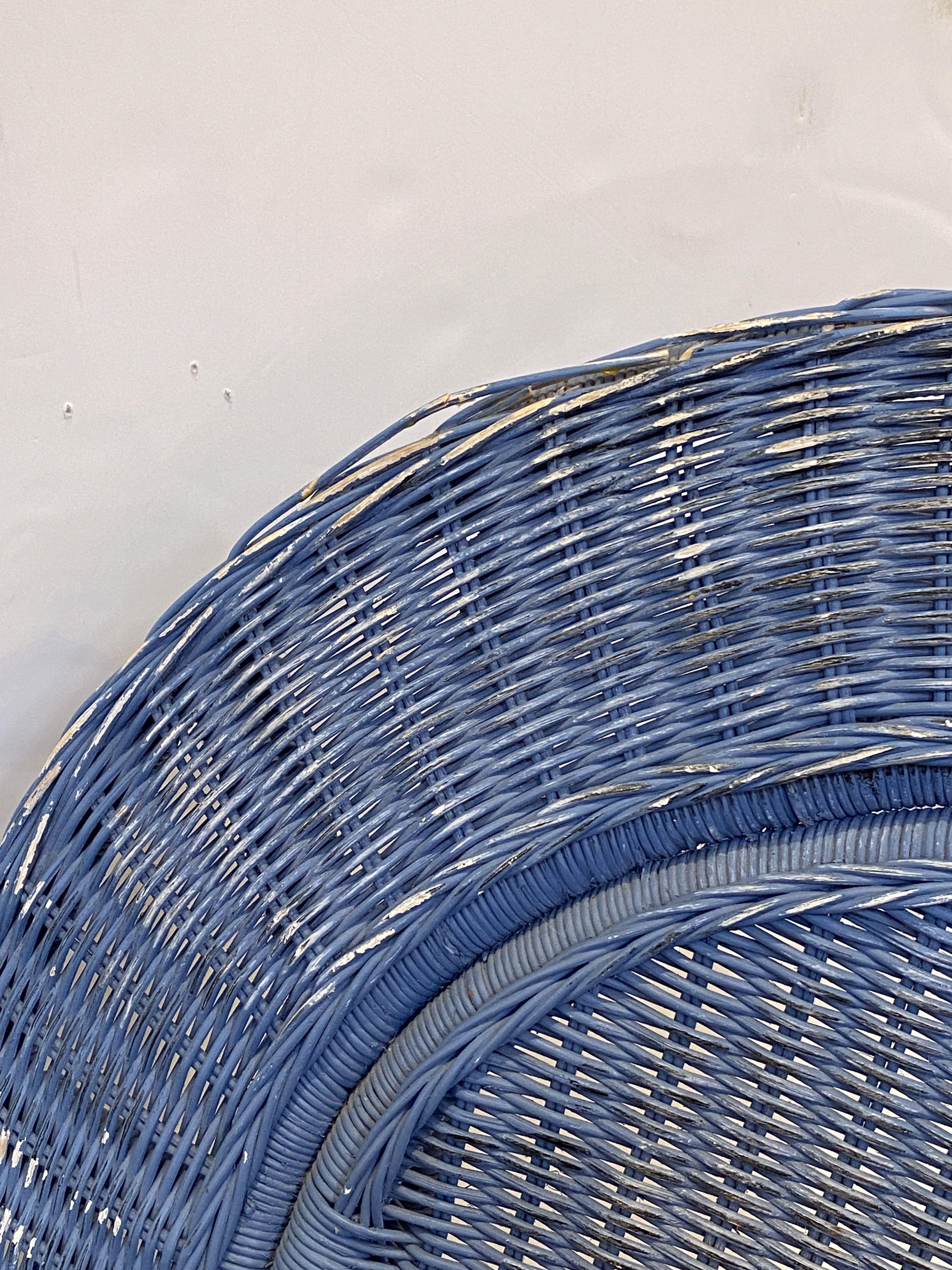 French Blue Woven Wicker Lounge Armchair in the Art Deco Style 1
