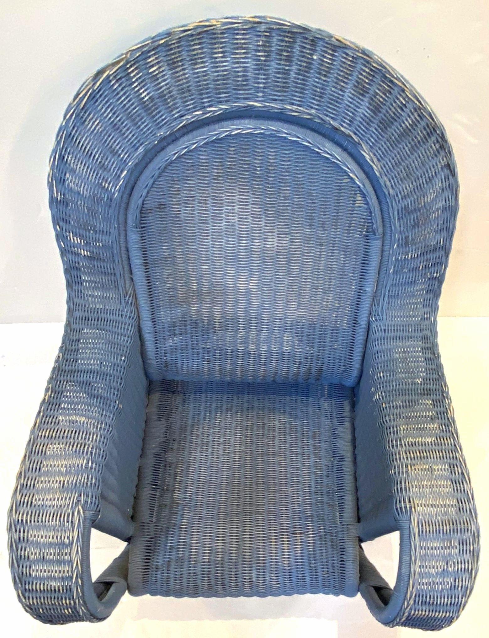 French Blue Woven Wicker Lounge Armchair in the Art Deco Style 3
