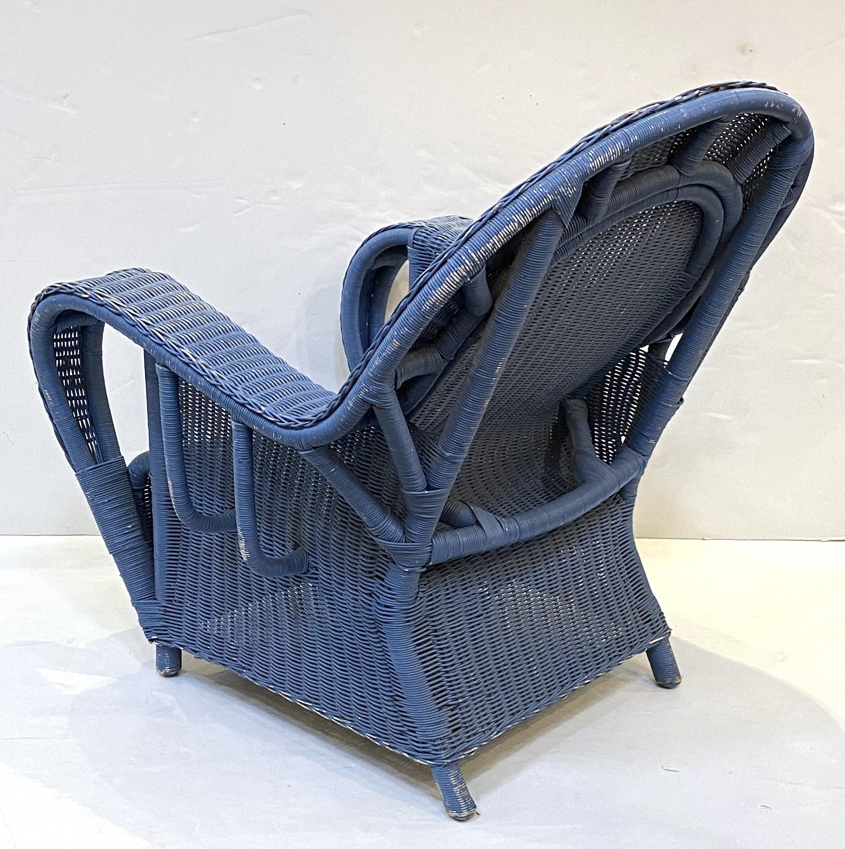 French Blue Woven Wicker Lounge Armchair in the Art Deco Style 4