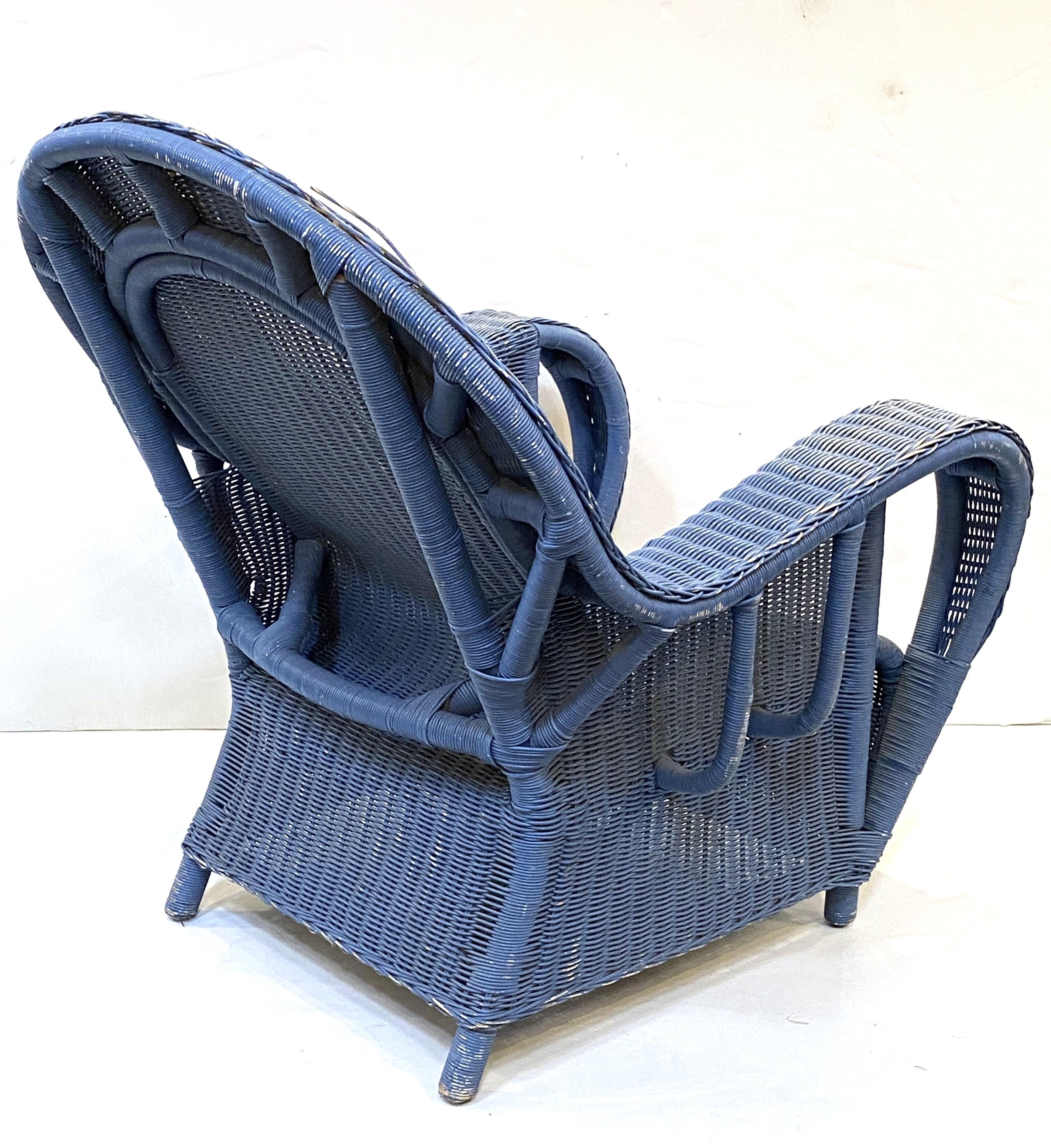 French Blue Woven Wicker Lounge Armchair in the Art Deco Style 5