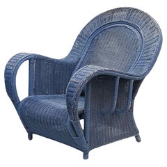 French Blue Woven Wicker Lounge Armchair in the Art Deco Style