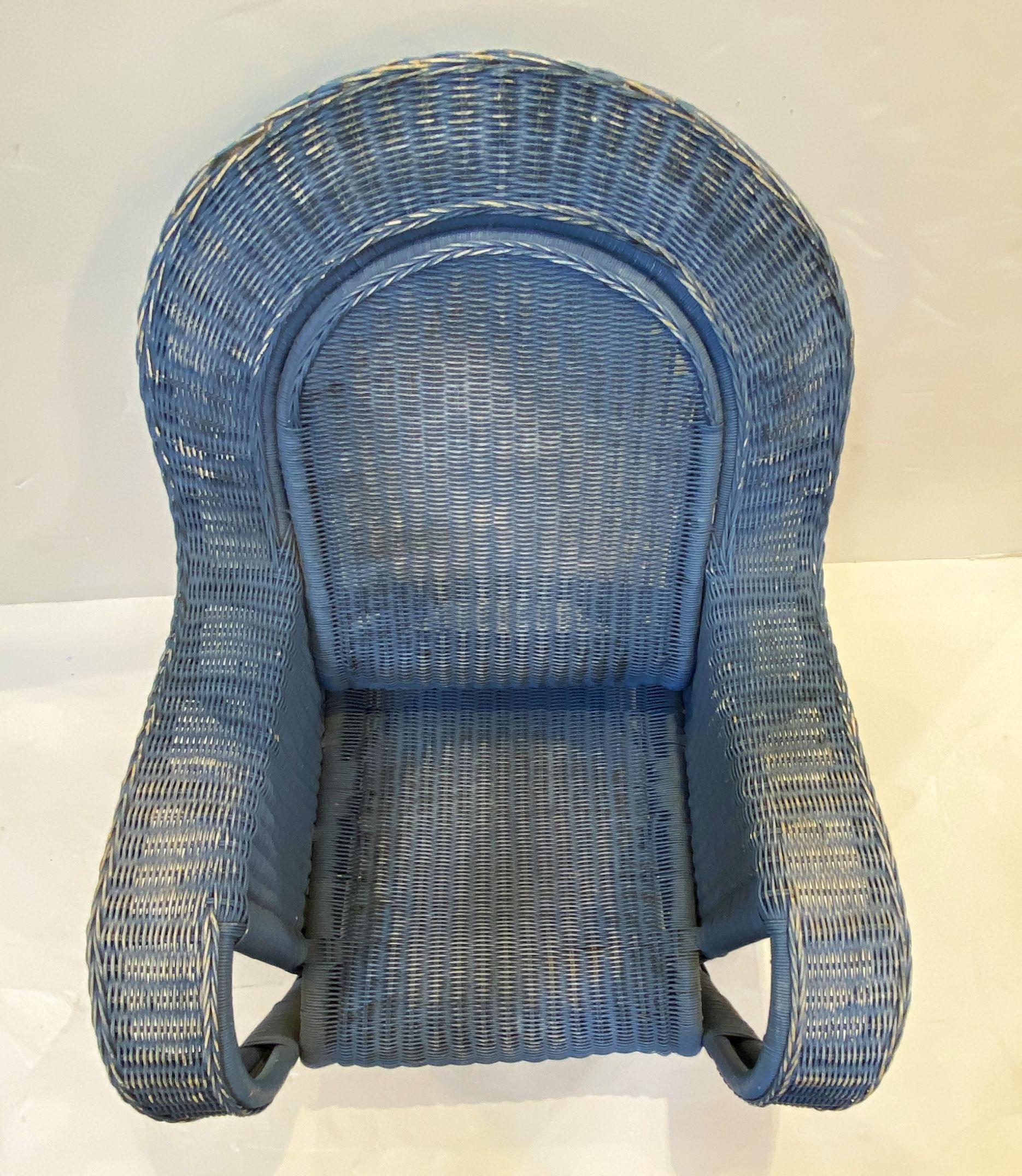 French Blue Woven Wicker Lounge Armchairs in the Art Deco Style  For Sale 6