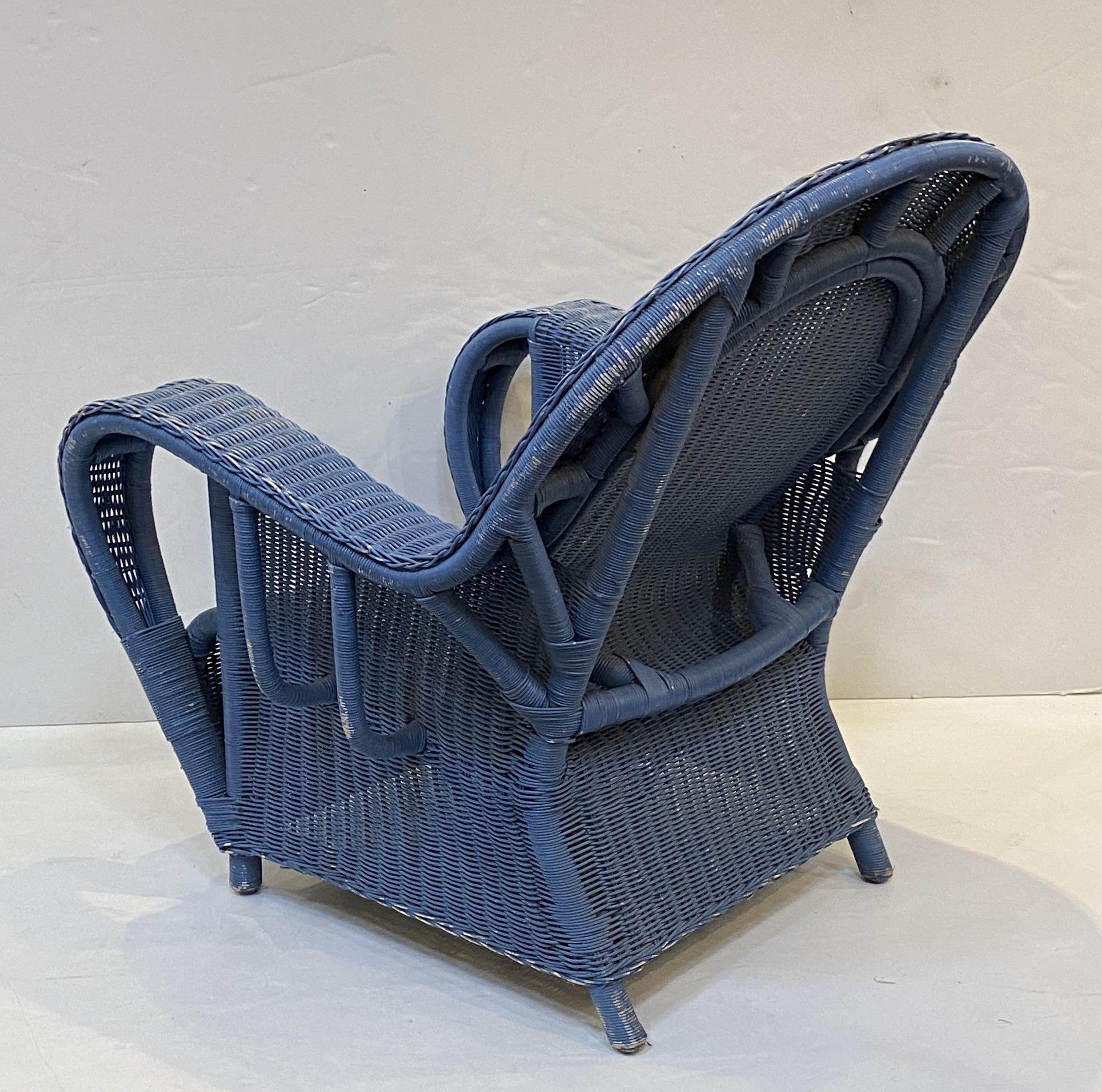 Französische blau gewebte Korbweide-Loungesessel im Art déco-Stil im Art déco-Stil  im Angebot 7