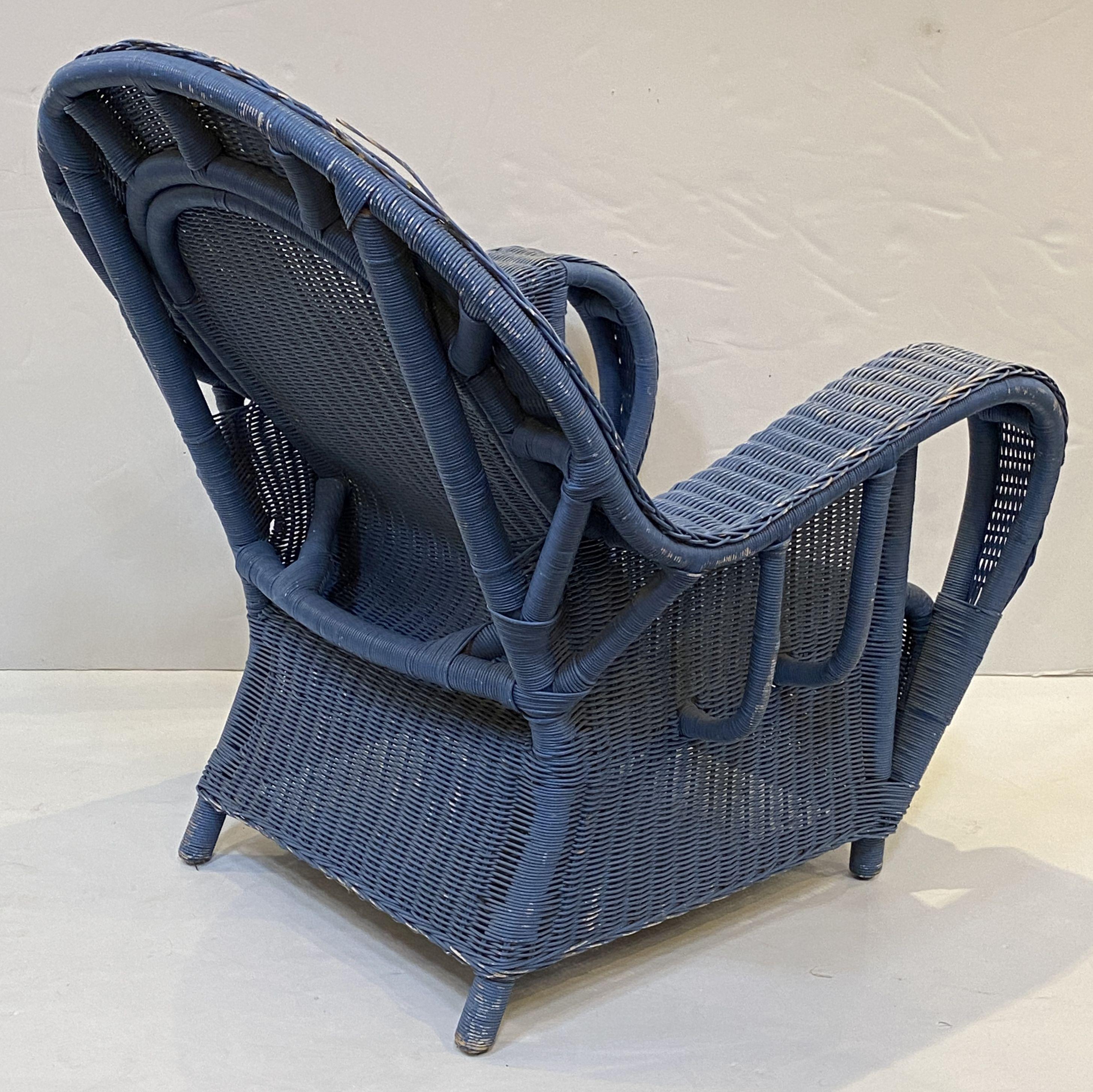 French Blue Woven Wicker Lounge Armchairs in the Art Deco Style  For Sale 8