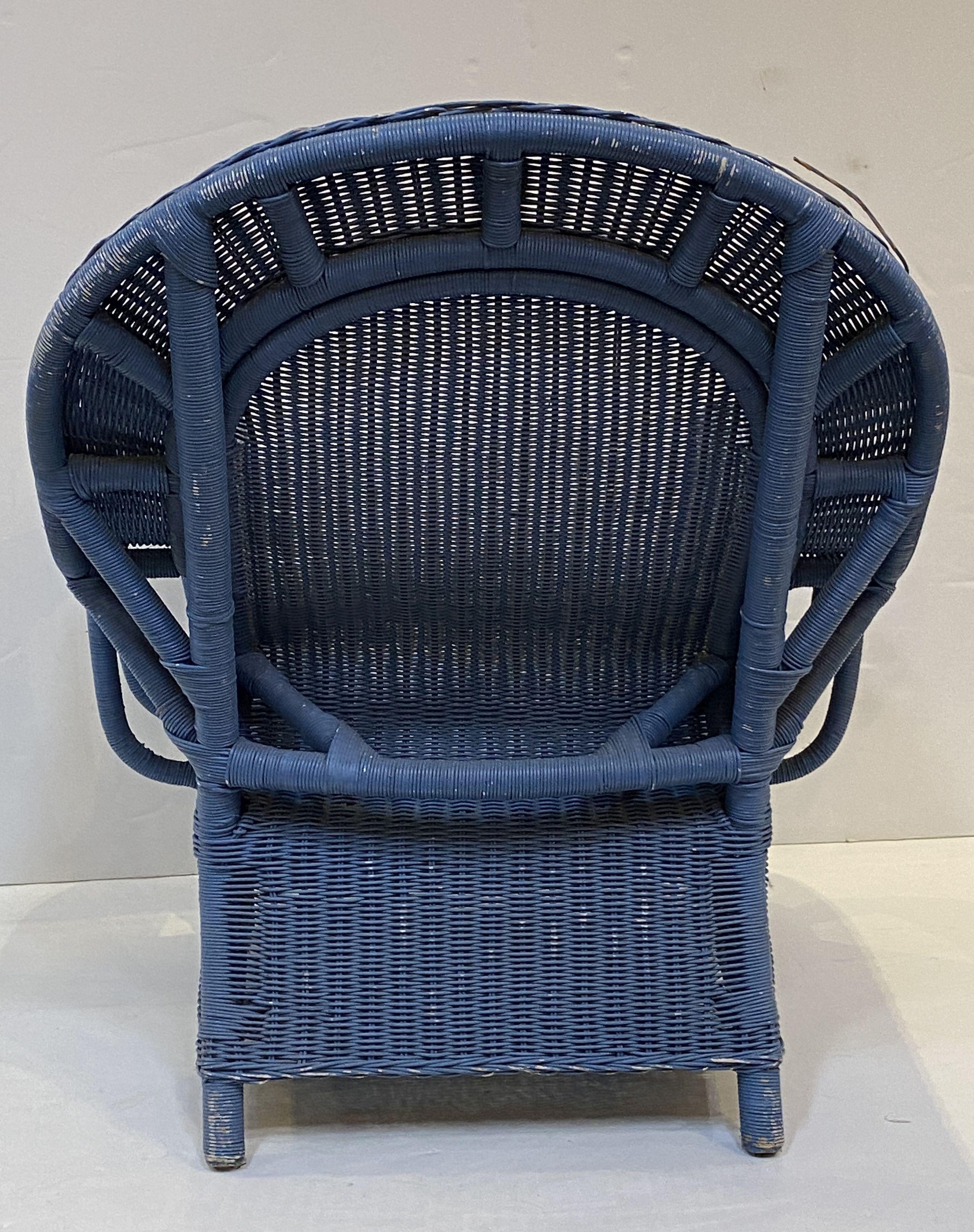 French Blue Woven Wicker Lounge Armchairs in the Art Deco Style  For Sale 9