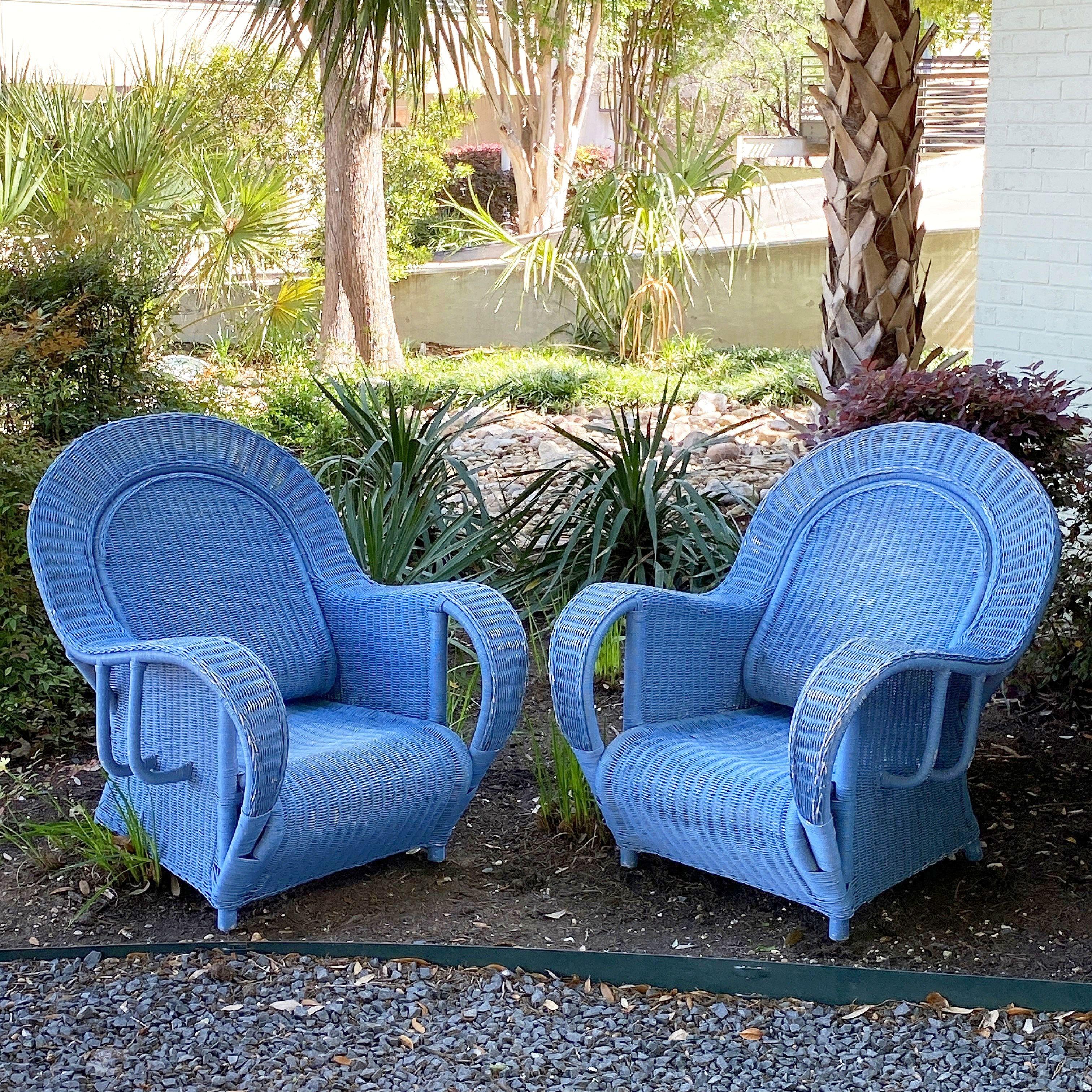 French Blue Woven Wicker Lounge Armchairs in the Art Deco Style  For Sale 11