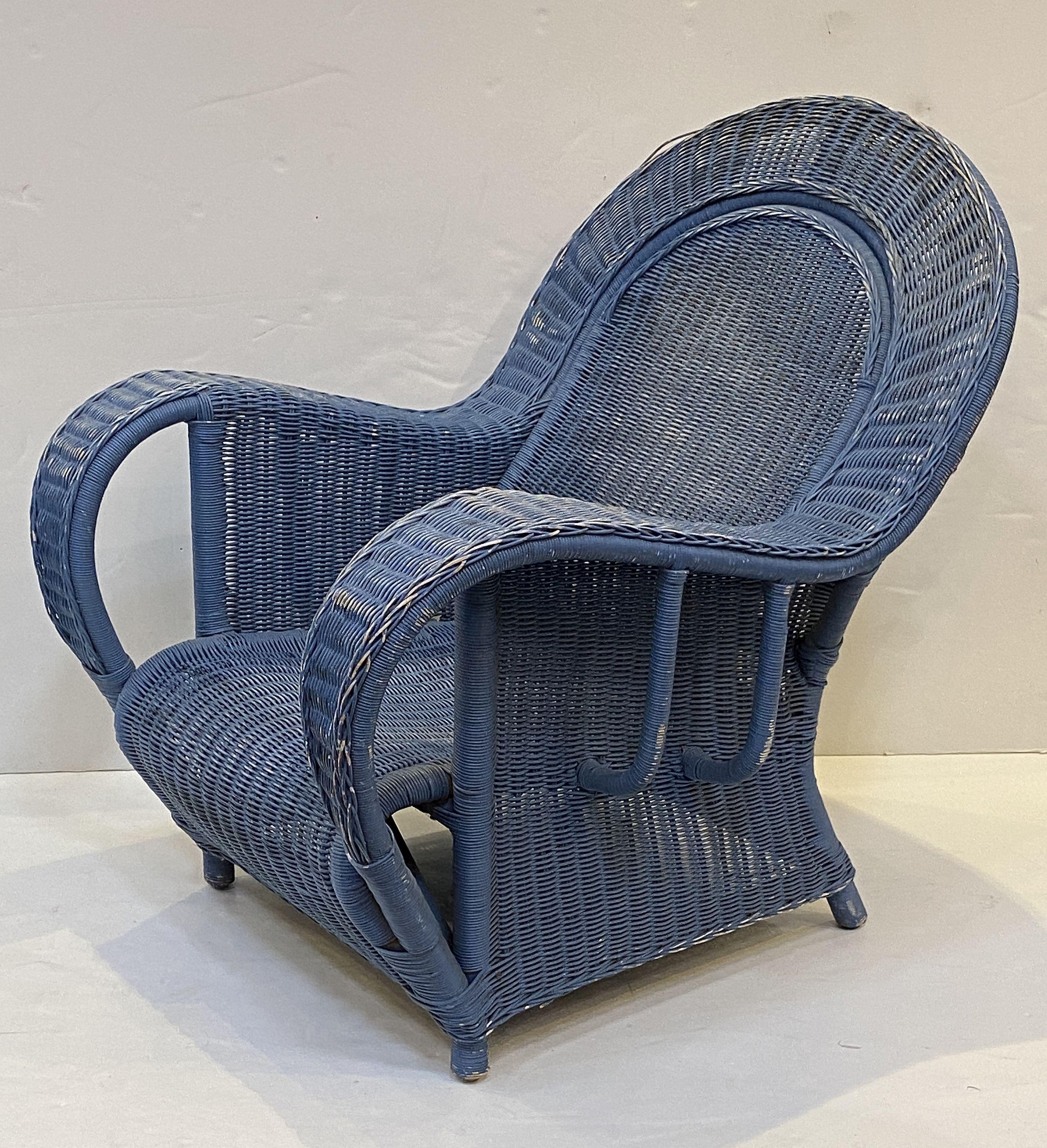 French Blue Woven Wicker Lounge Armchairs in the Art Deco Style  In Good Condition For Sale In Austin, TX