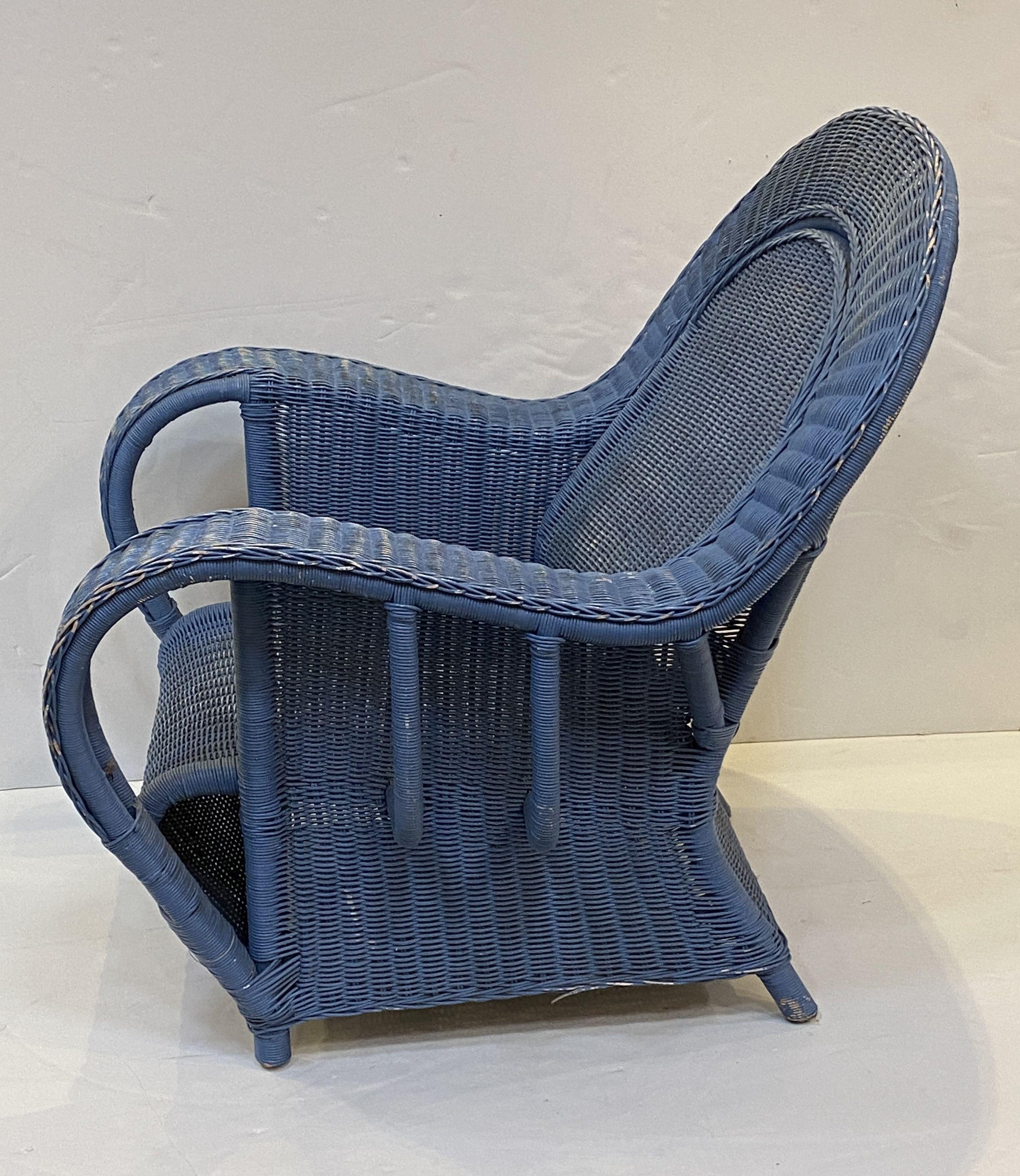French Blue Woven Wicker Lounge Armchairs in the Art Deco Style  For Sale 1