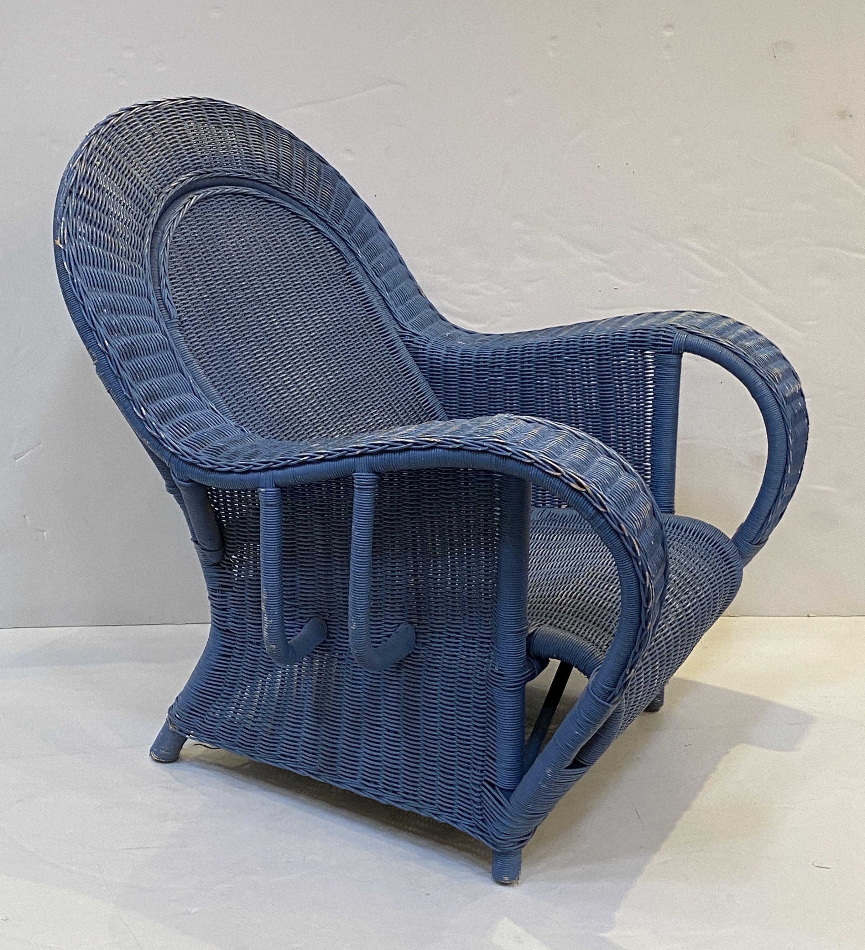 French Blue Woven Wicker Lounge Armchairs in the Art Deco Style  For Sale 4