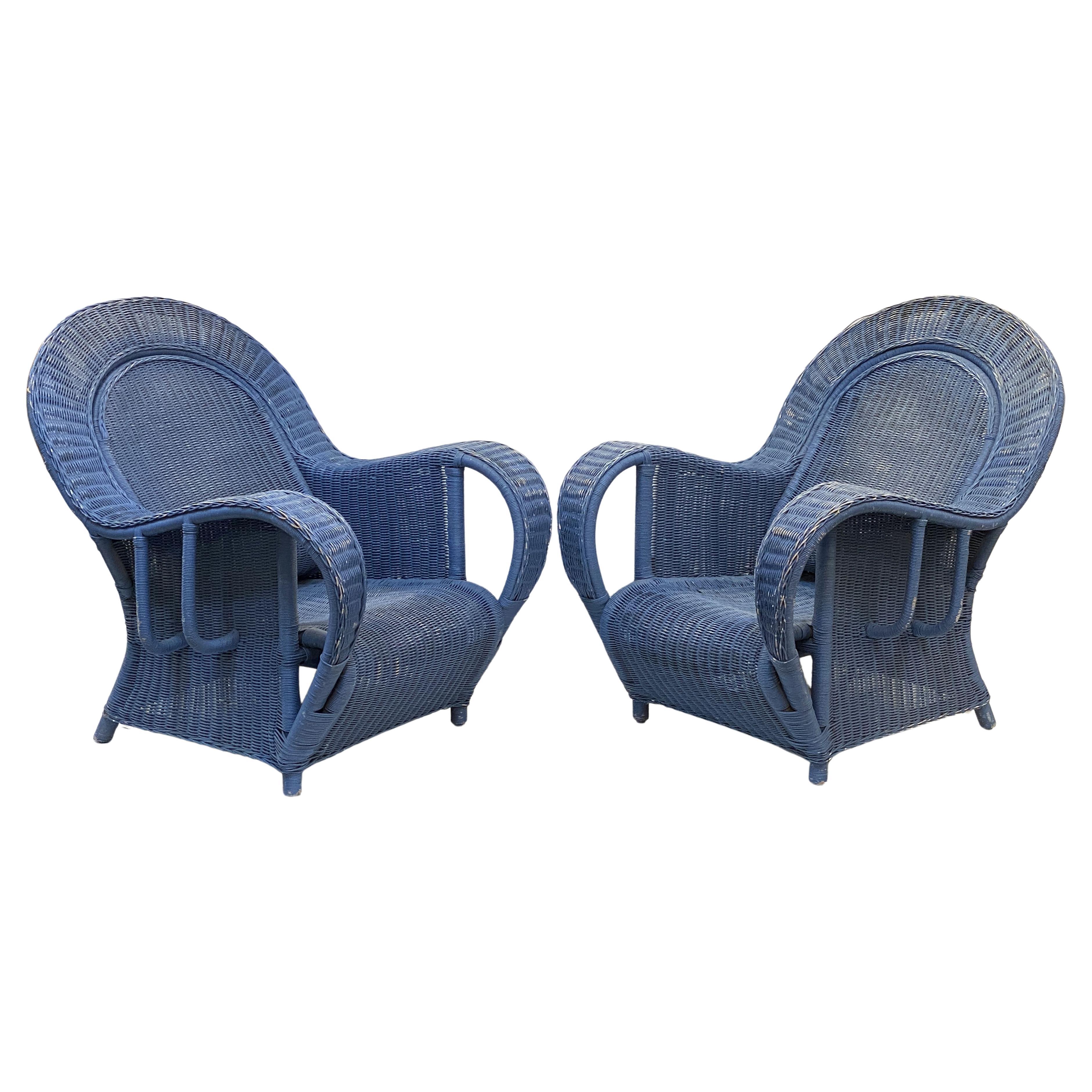 French Blue Woven Wicker Lounge Armchairs in the Art Deco Style  For Sale