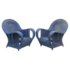 Retro French Blue Woven Wicker Lounge Armchairs in the Art Deco Style 