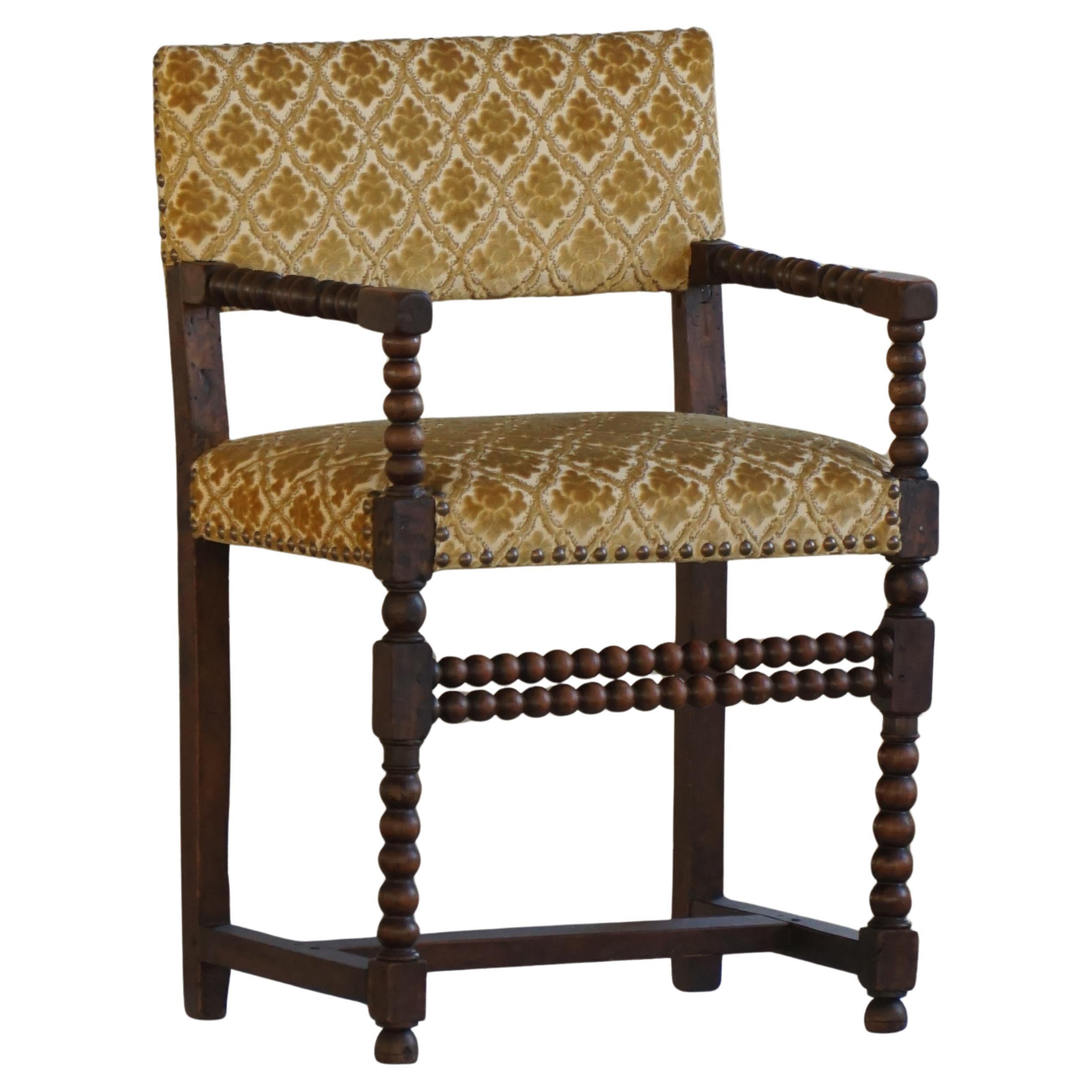 French Bobbin Louis XIII Style Armchair, Patterned Fabric, Early 20th Century