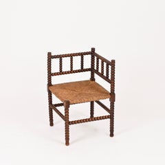 French Bobbin Turned Chestnut Chair with Hand-Woven Rush Seat, France, 1930s