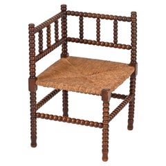 French Bobbin Turned Chestnut Chair with Hand-Woven Rush Seat, France, 1930s