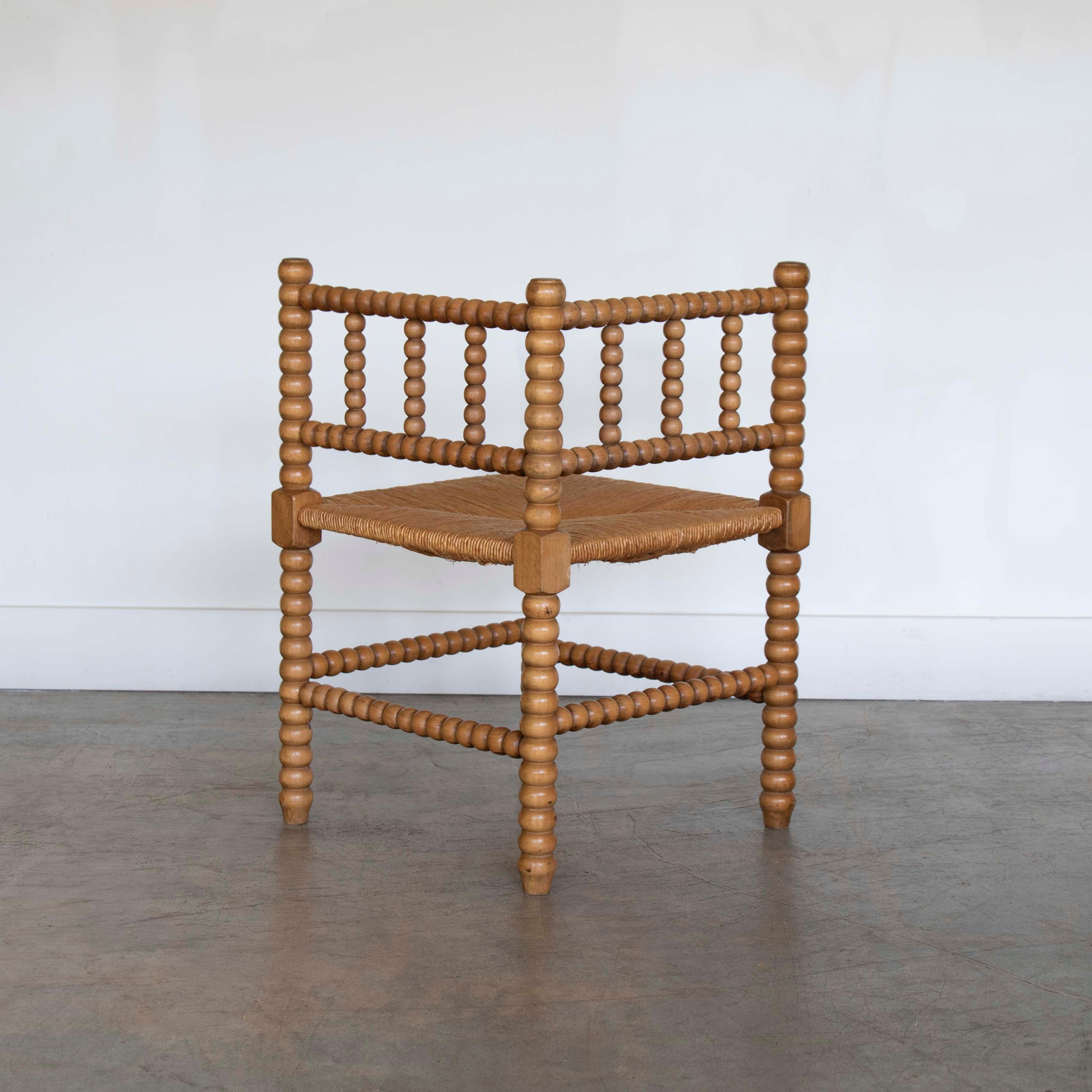 French Bobbin Wood and Woven Corner Chair 1