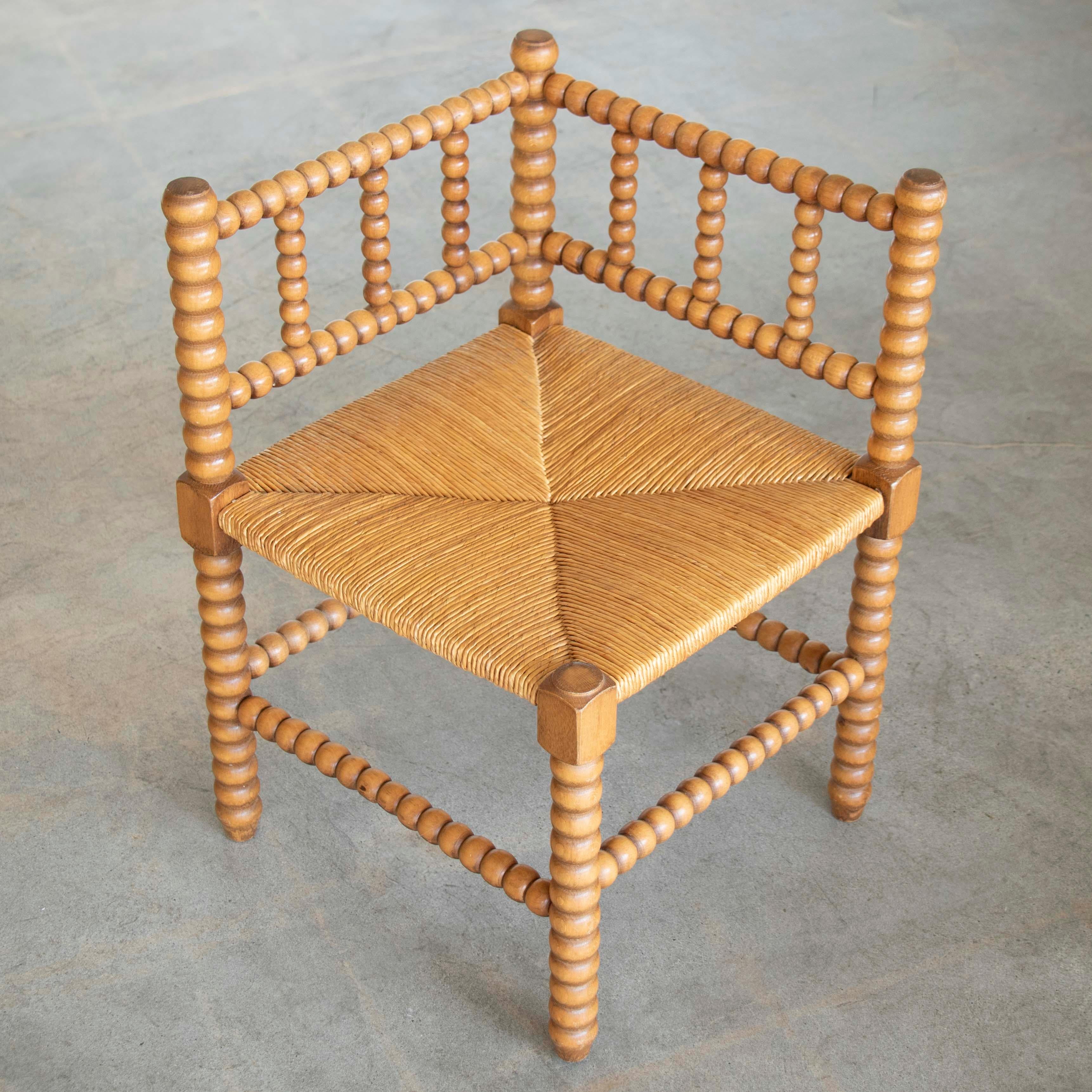 French Bobbin Wood and Woven Corner Chair 2