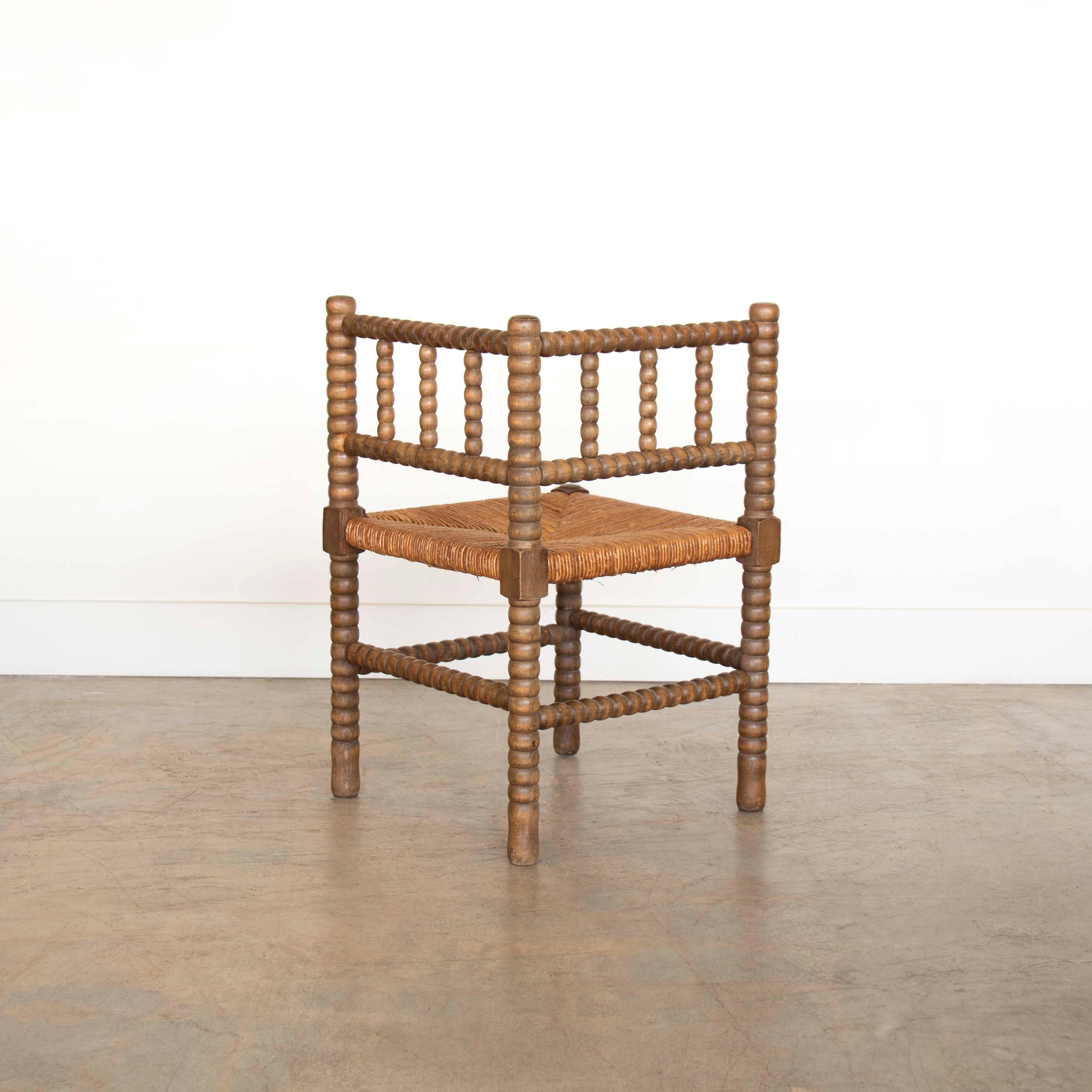 French Bobbin Wood and Woven Corner Chair 2