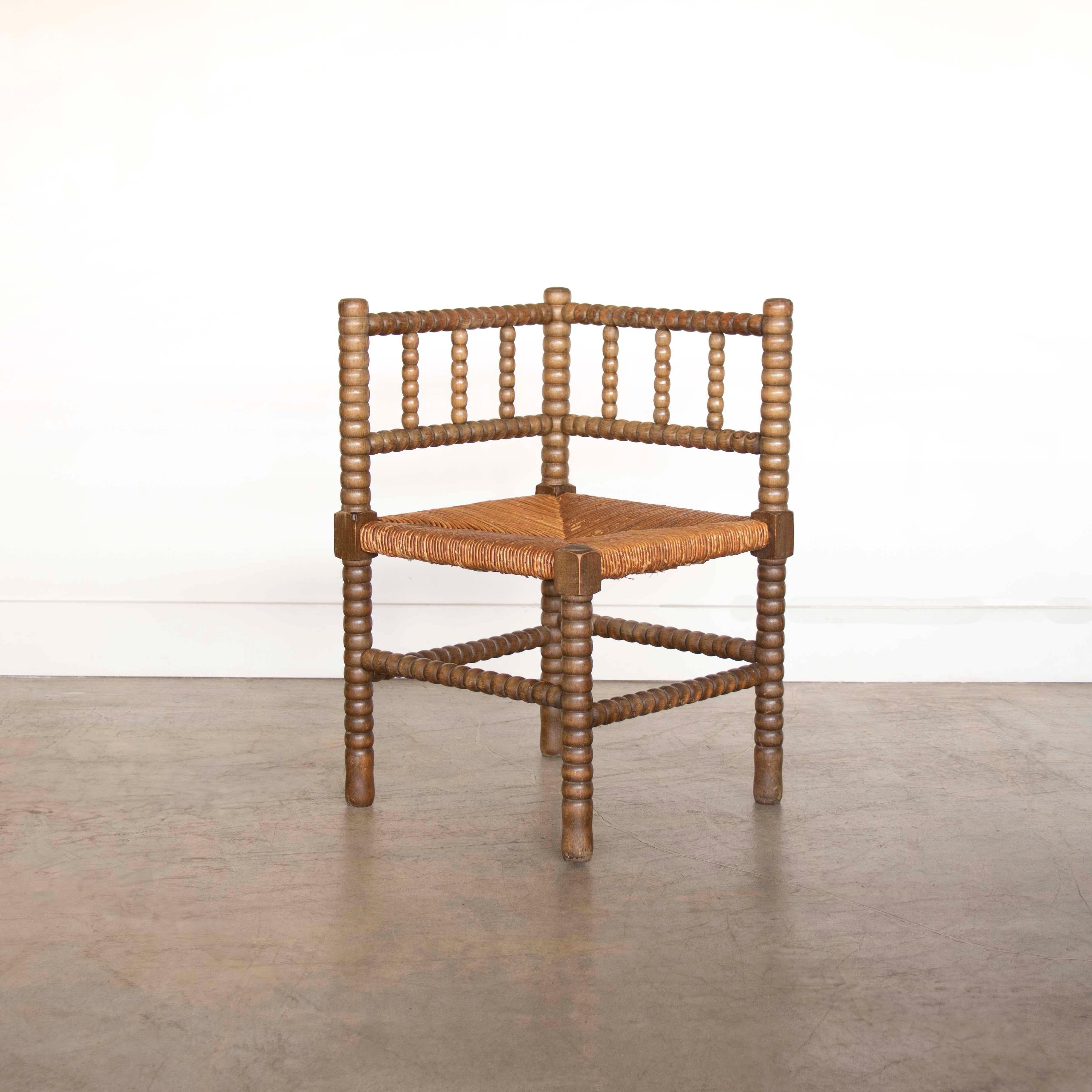 Rush French Bobbin Wood and Woven Corner Chair