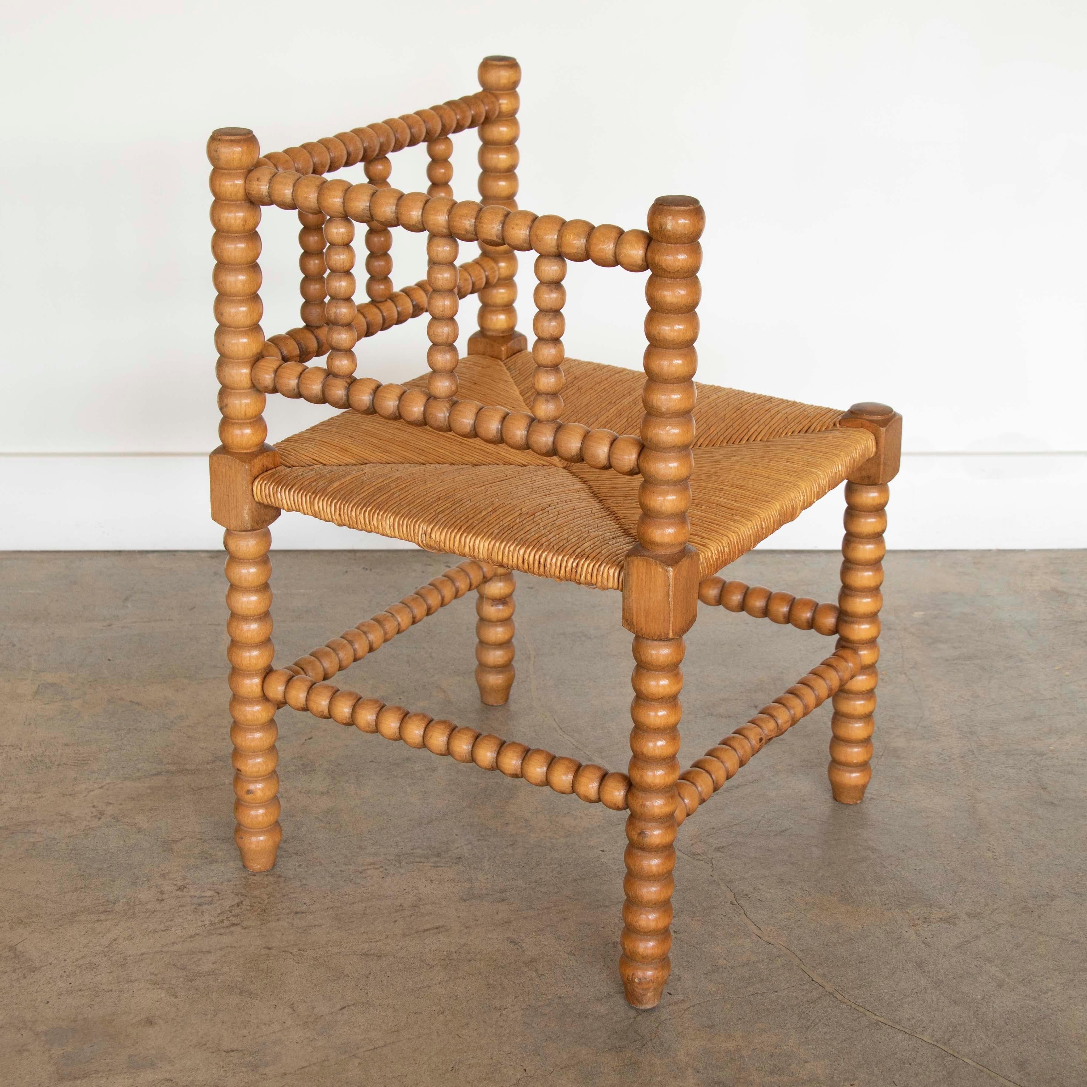 French Bobbin Wood and Woven Corner Chair 4