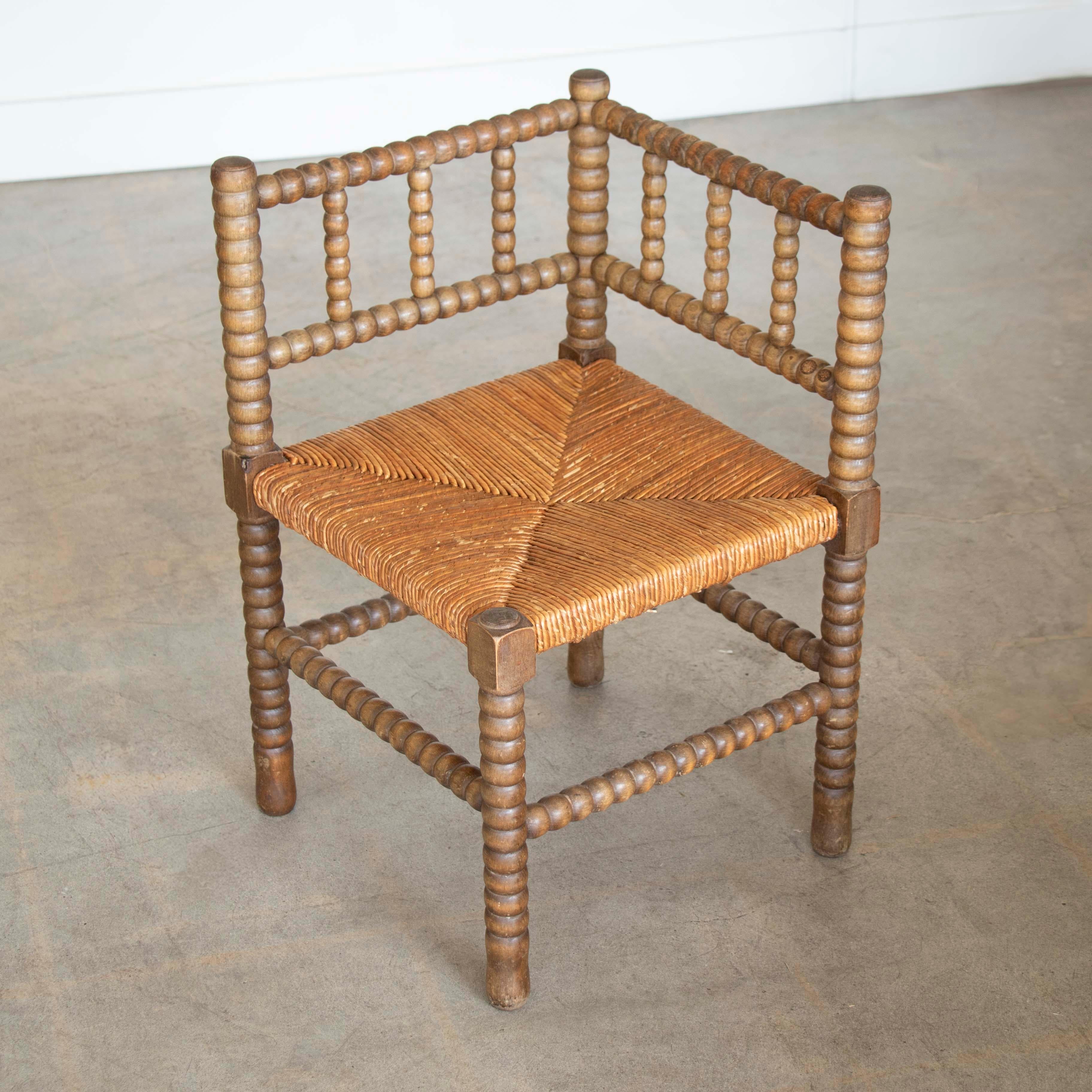 French Bobbin Wood and Woven Corner Chair 3
