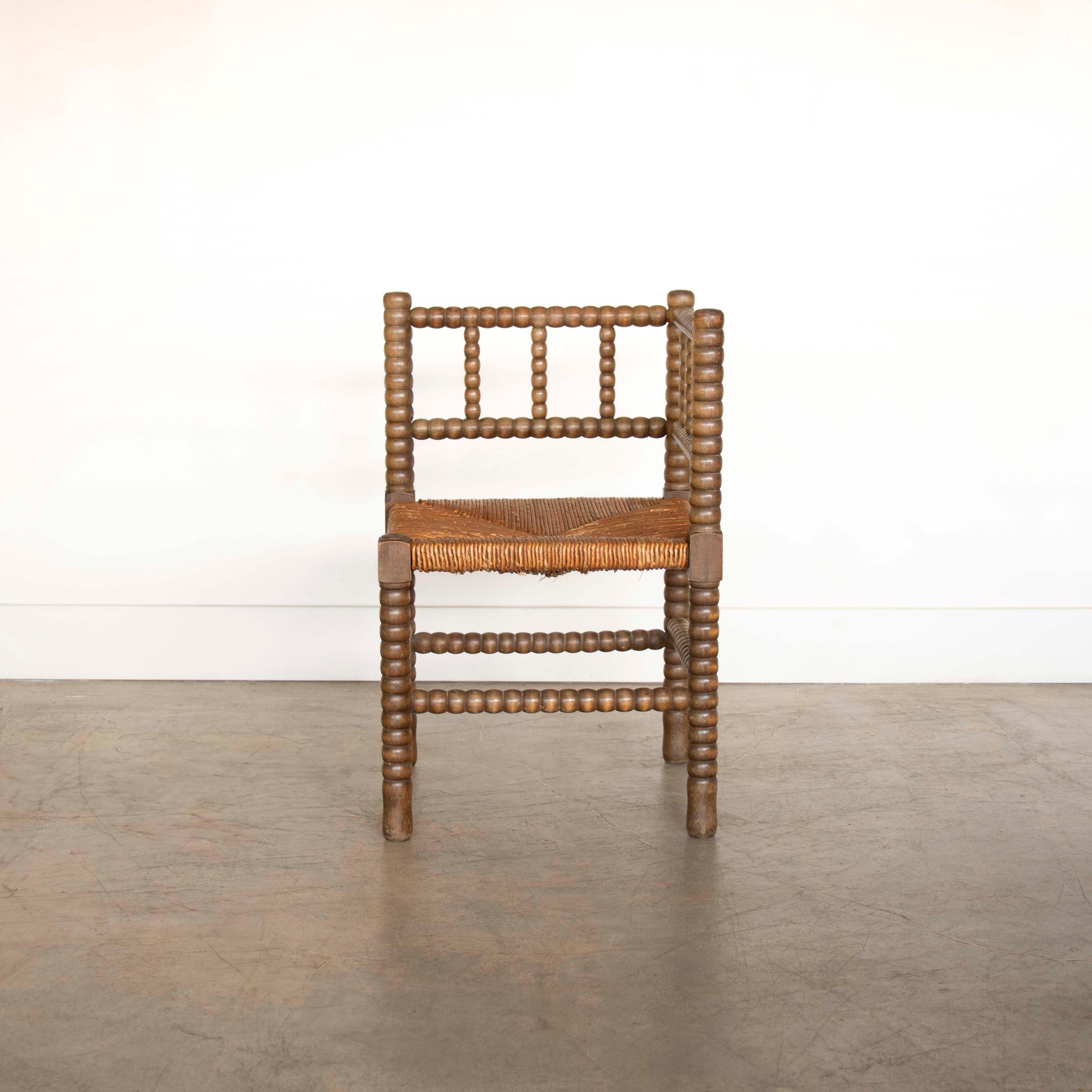 French Bobbin Wood and Woven Corner Chair 1