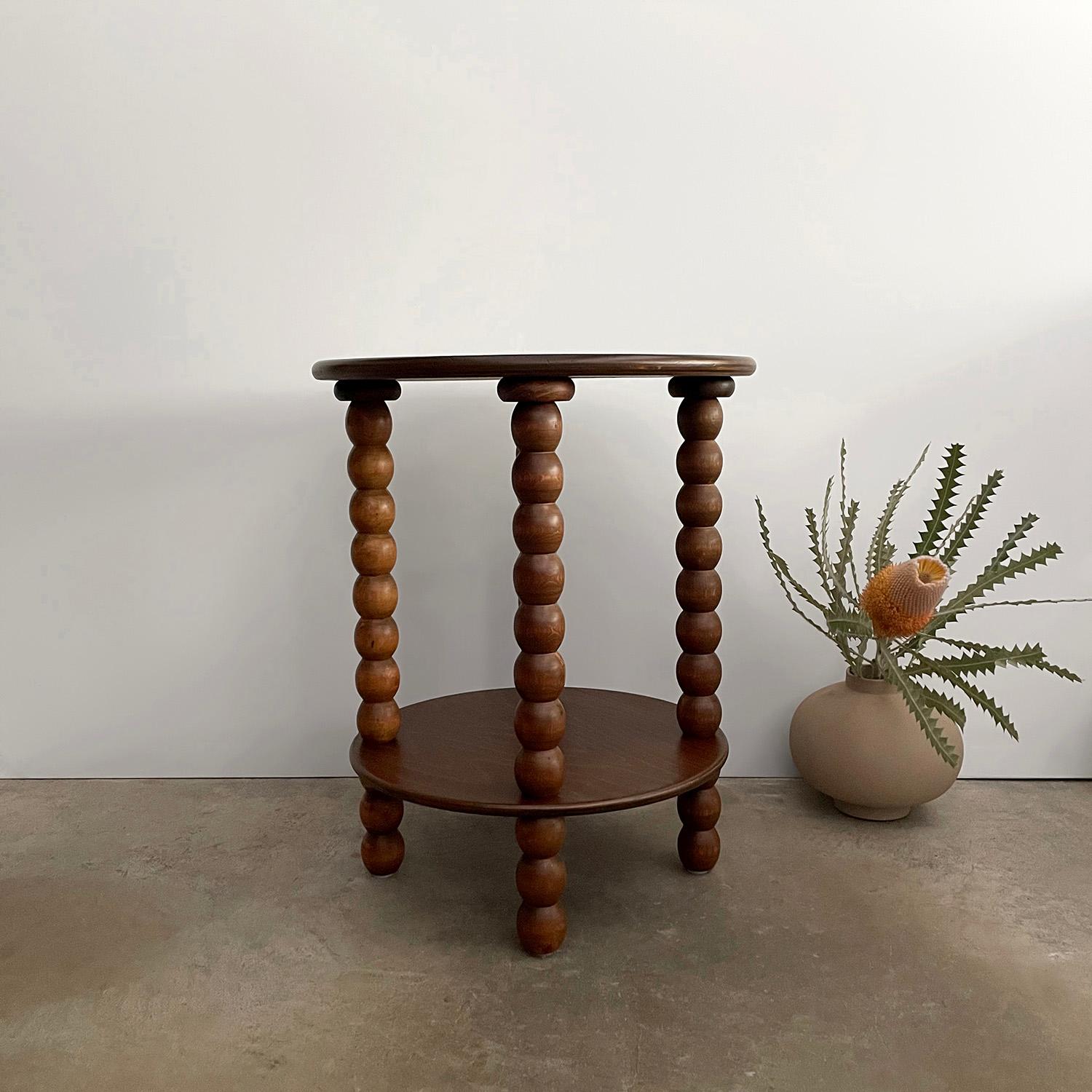 French Bobbin wood table
France, mid century 
Handcrafted artisanal piece 
Solid wood rounded edge top is supported by four whimsical turned wood posts 
Beautiful wood grain and natural color variations throughout
Bottom portion of the table