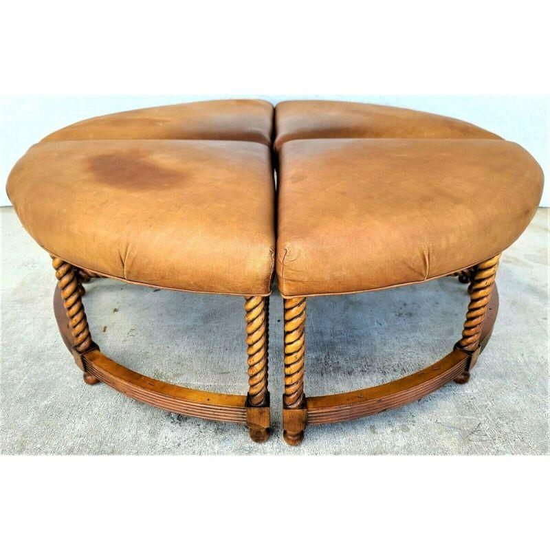 Offering one of our Recent Palm Beach Estate Fine Furniture Acquisitions pf 
a 4-piece round sectional English Barley twist leather ottoman foot stools chairs

Featuring solid wood structure and soft, saddle leather upholstery.

Approximate