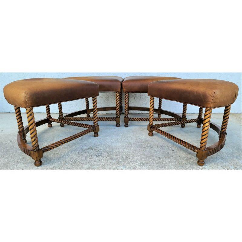 French Boho Sectional Ottoman Barley Twist Leather Foot Stools  In Good Condition In Lake Worth, FL