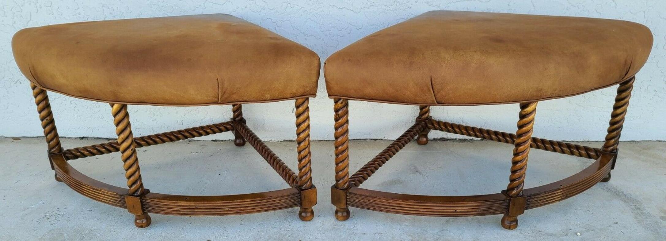 French Boho Sectional Ottoman Barley Twist Leather Foot Stools  2