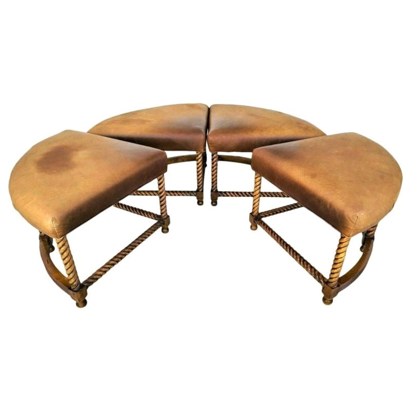 French Boho Sectional Ottoman Barley Twist Leather Foot Stools