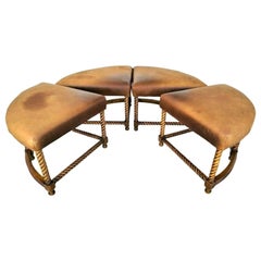 French Boho Sectional Ottoman Barley Twist Leather Foot Stools