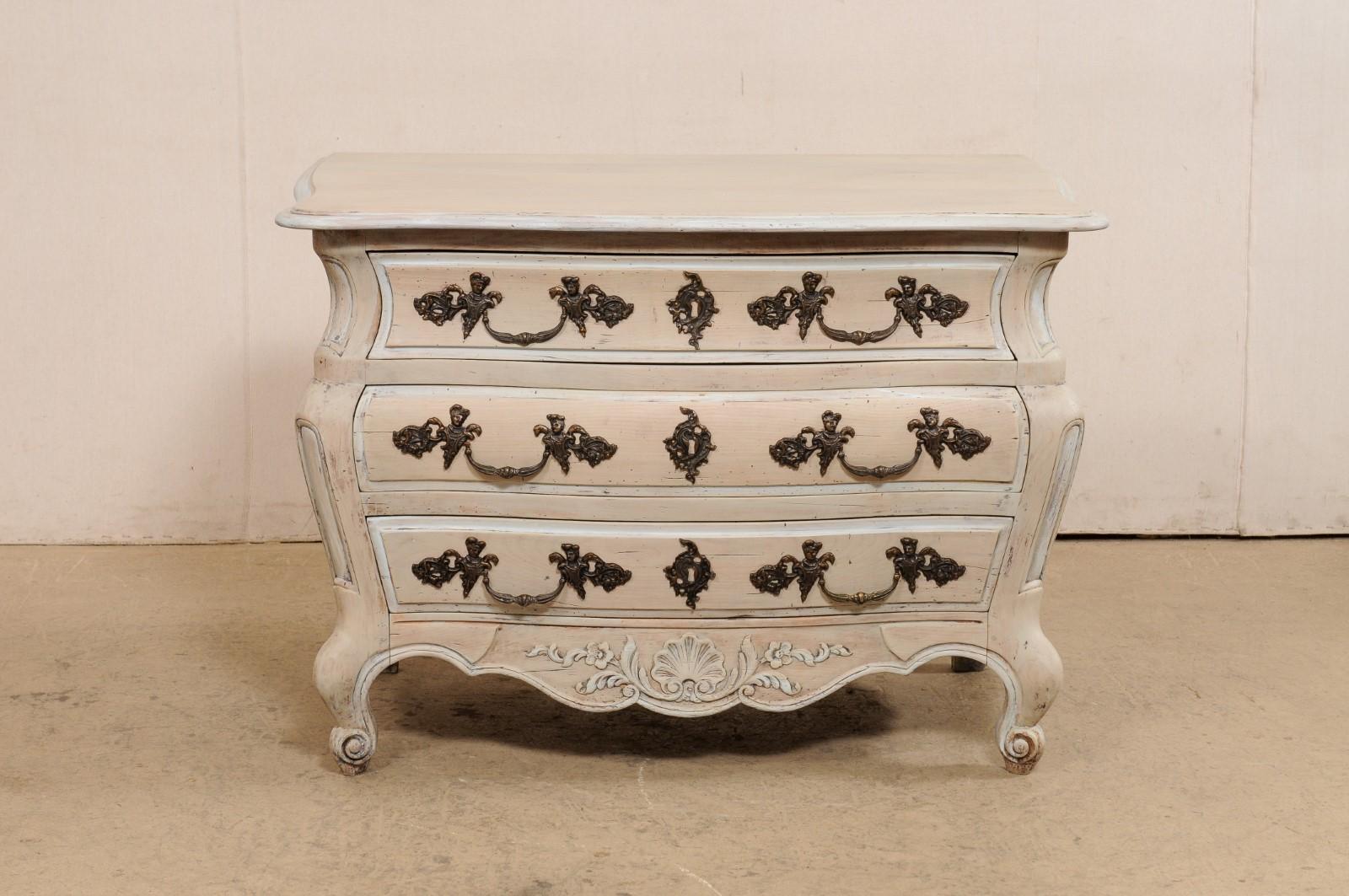 French Bombé Carved & Painted Wood Commode For Sale 8