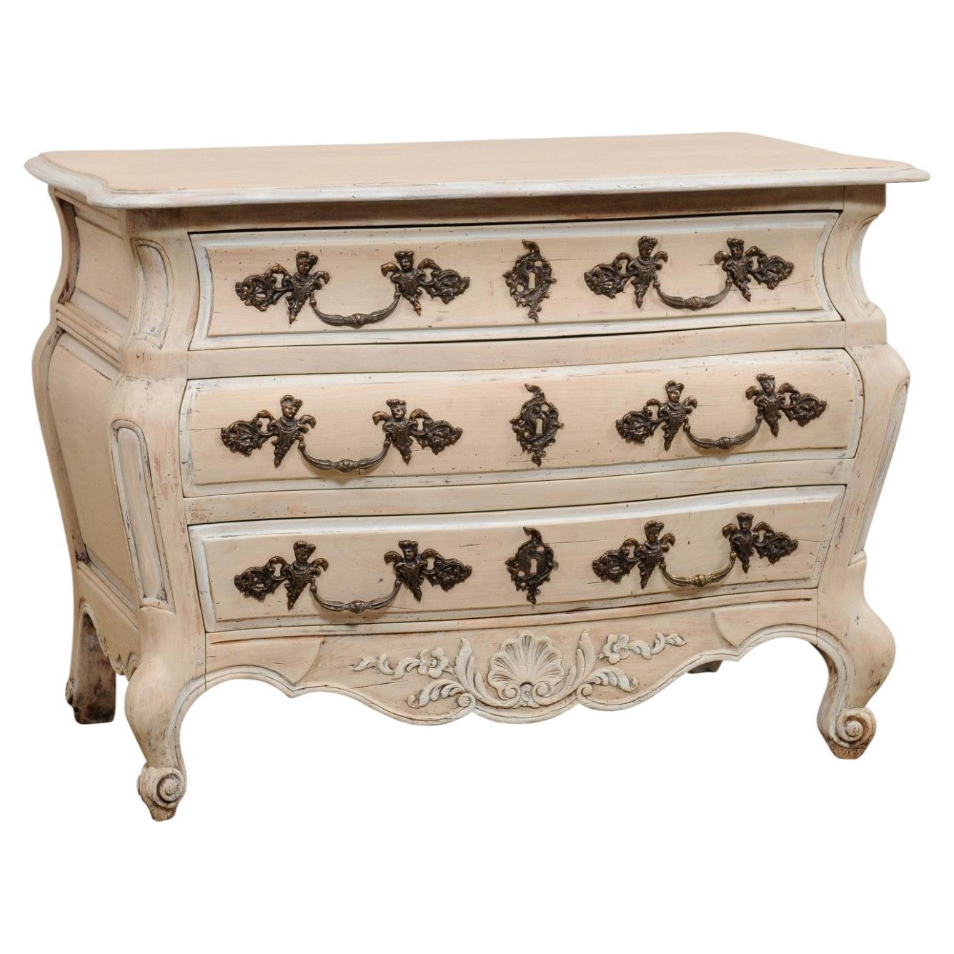 French Bombé Carved & Painted Wood Commode For Sale