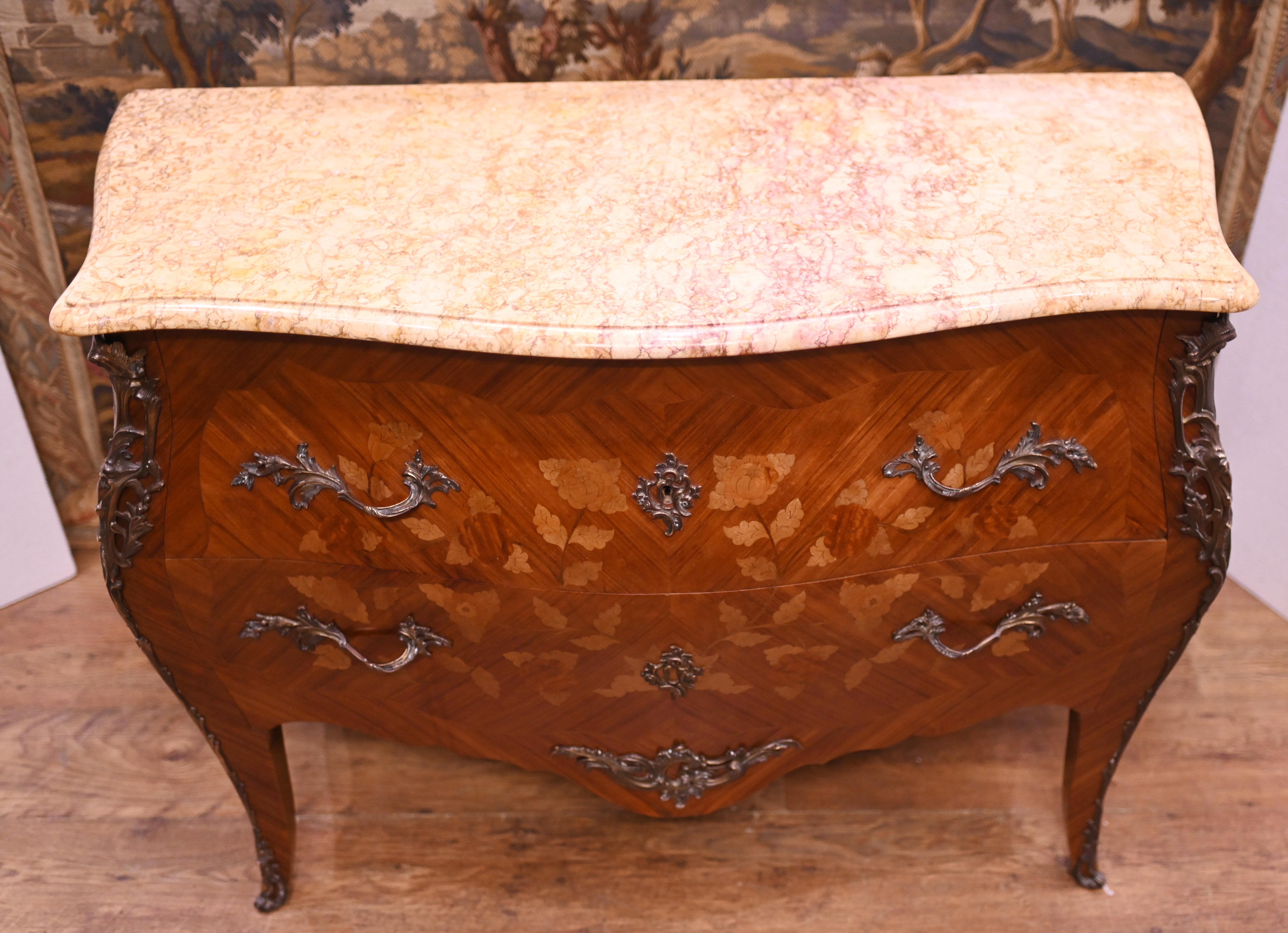 French Bombe Commode Antique Chest of Drawers 1880 Marquetry Inlay In Good Condition In Potters Bar, GB