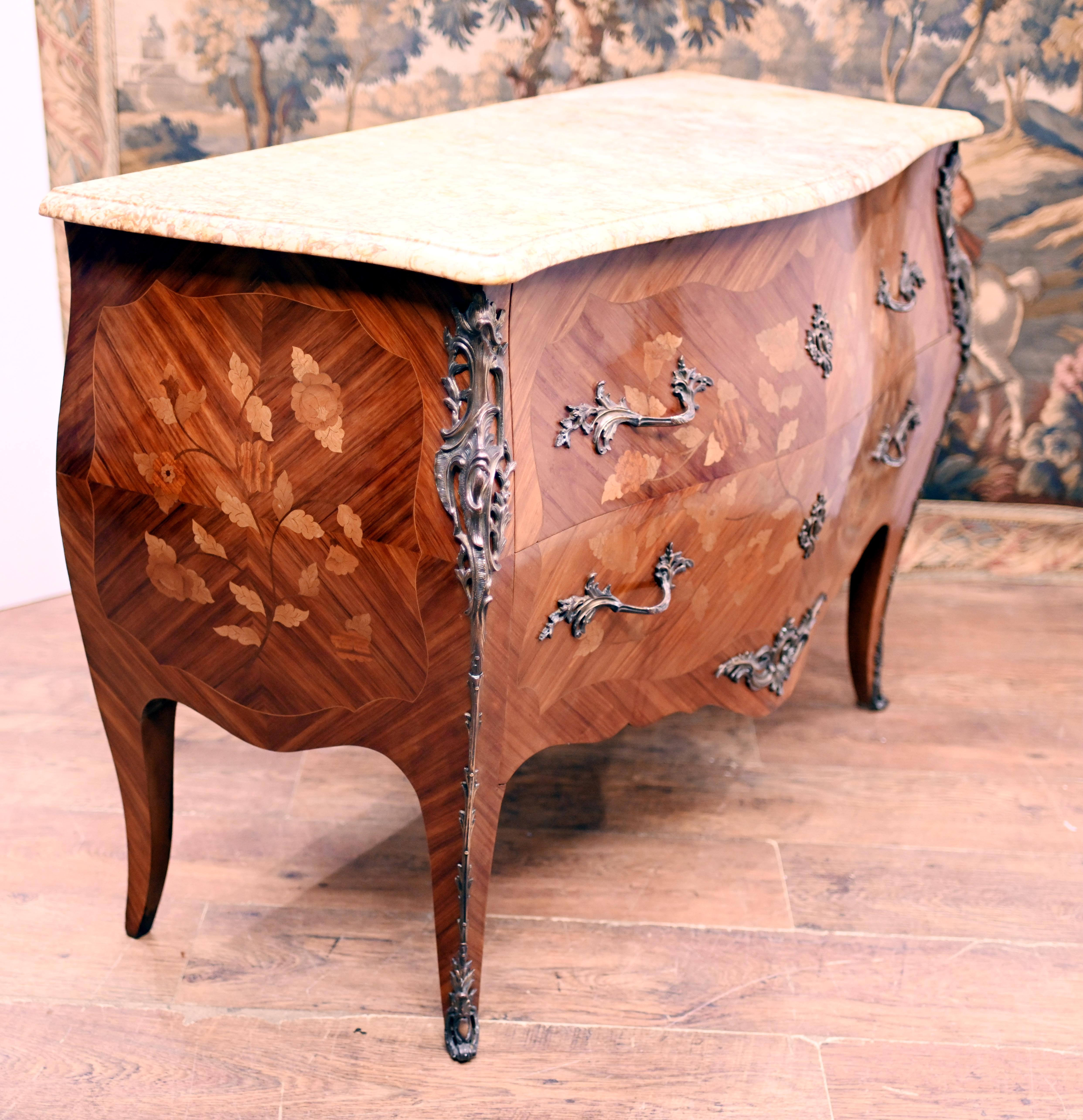 French Bombe Commode Antique Chest of Drawers 1880 Marquetry Inlay 2