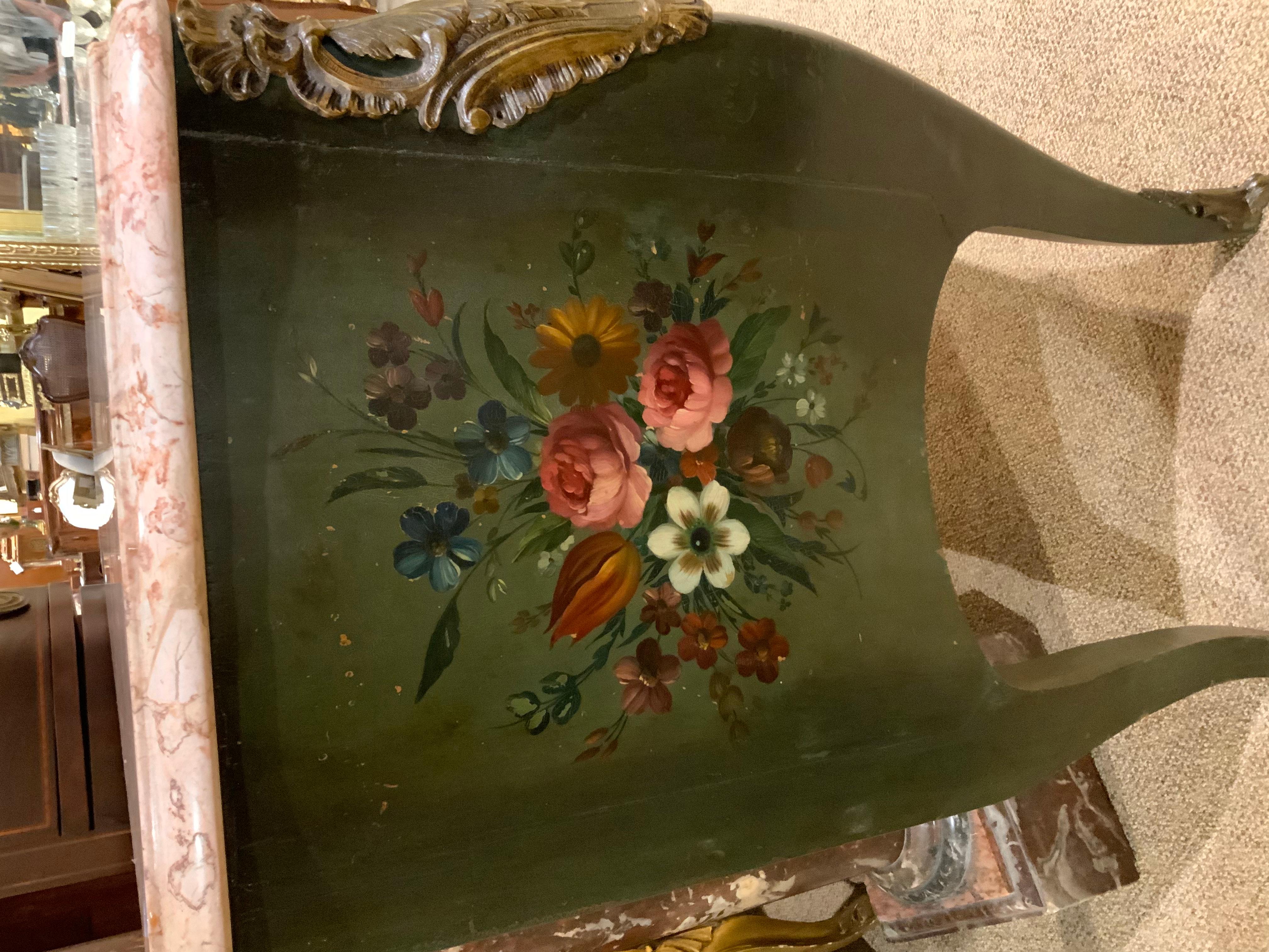 The painting on this lovely piece makes it exceptional as the combination 
Of colors is unique. The marble top is a blush pink/ coral combination 
And it is without cracks or chips and does not have restorations. It has 
A curved bombe form and