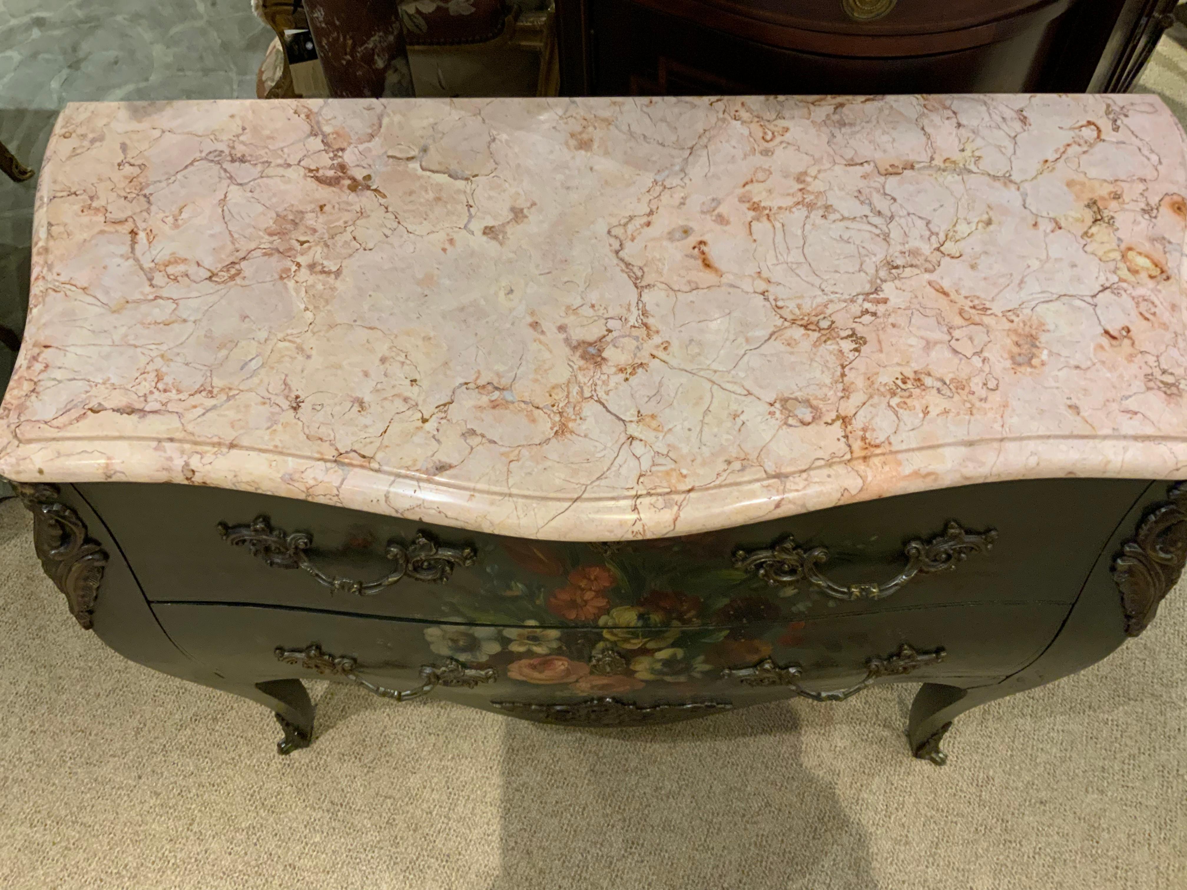 Hand-Painted French Bombe Shaped Commode/Chest with Hand Painted Floral Design, Marble Top For Sale