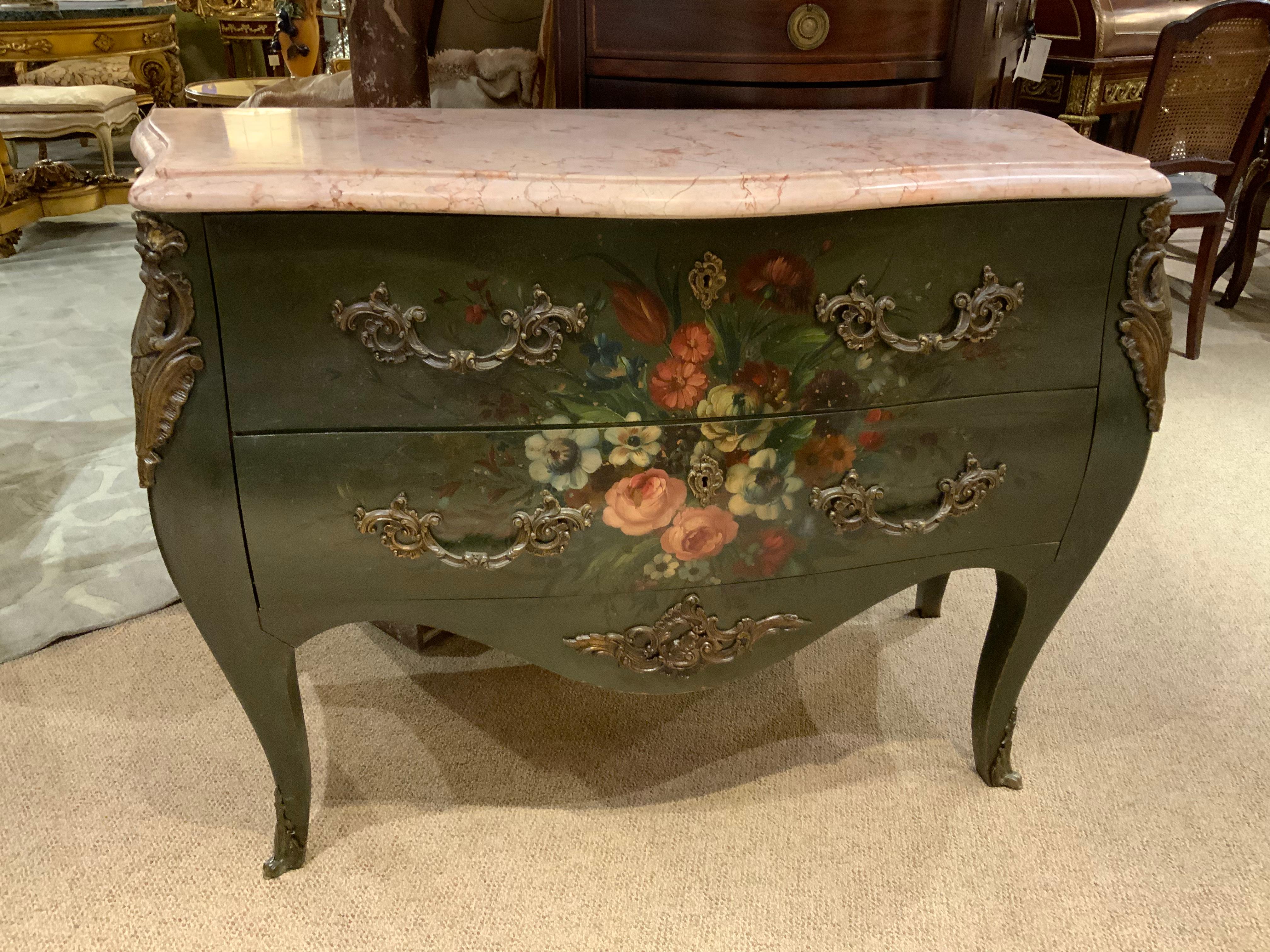 Hand-Painted French Bombe Shaped Commode/Chest with Hand Painted Floral Design, Marble Top For Sale
