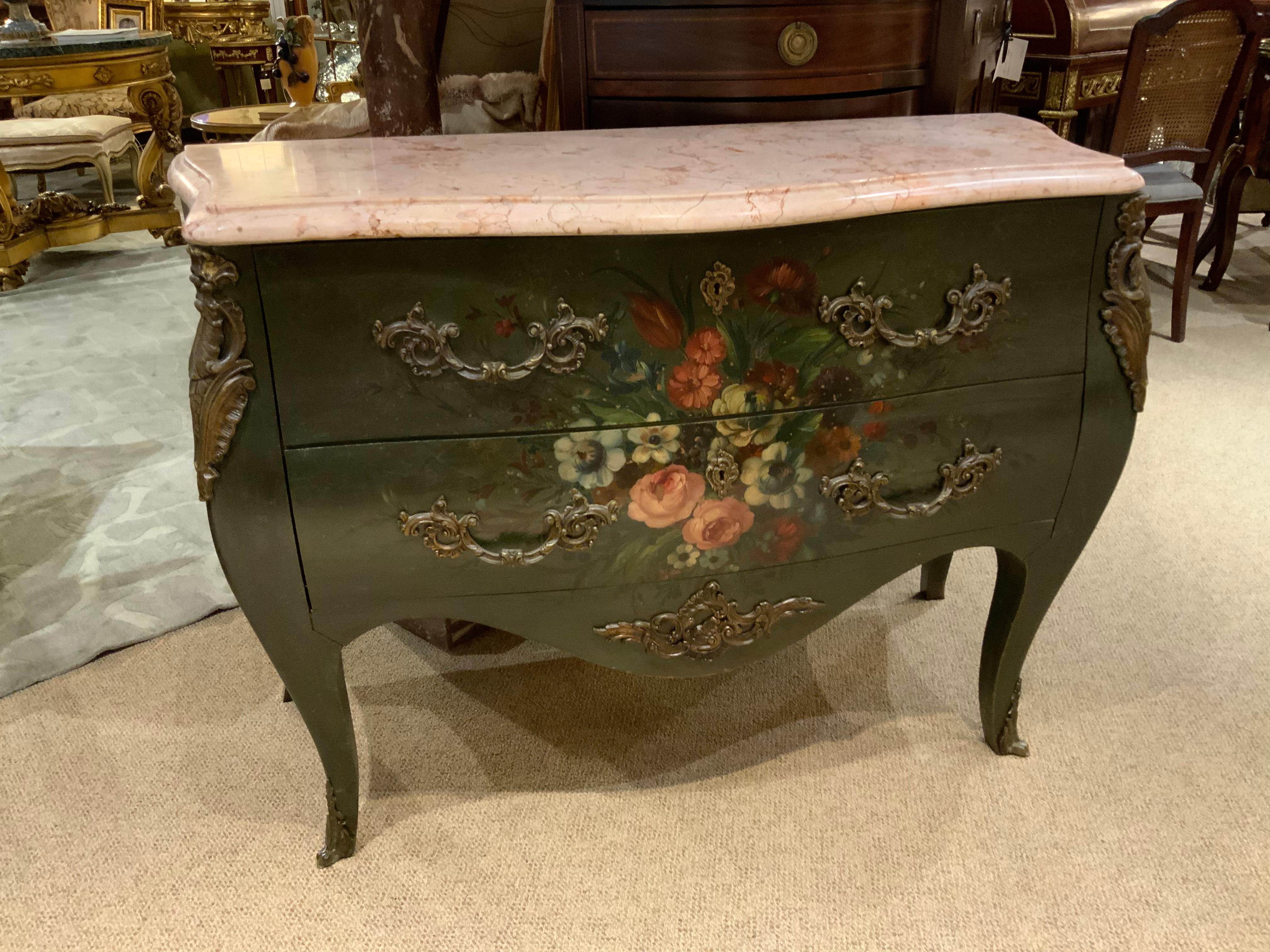 French Bombe Shaped Commode/Chest with Hand Painted Floral Design, Marble Top For Sale 1