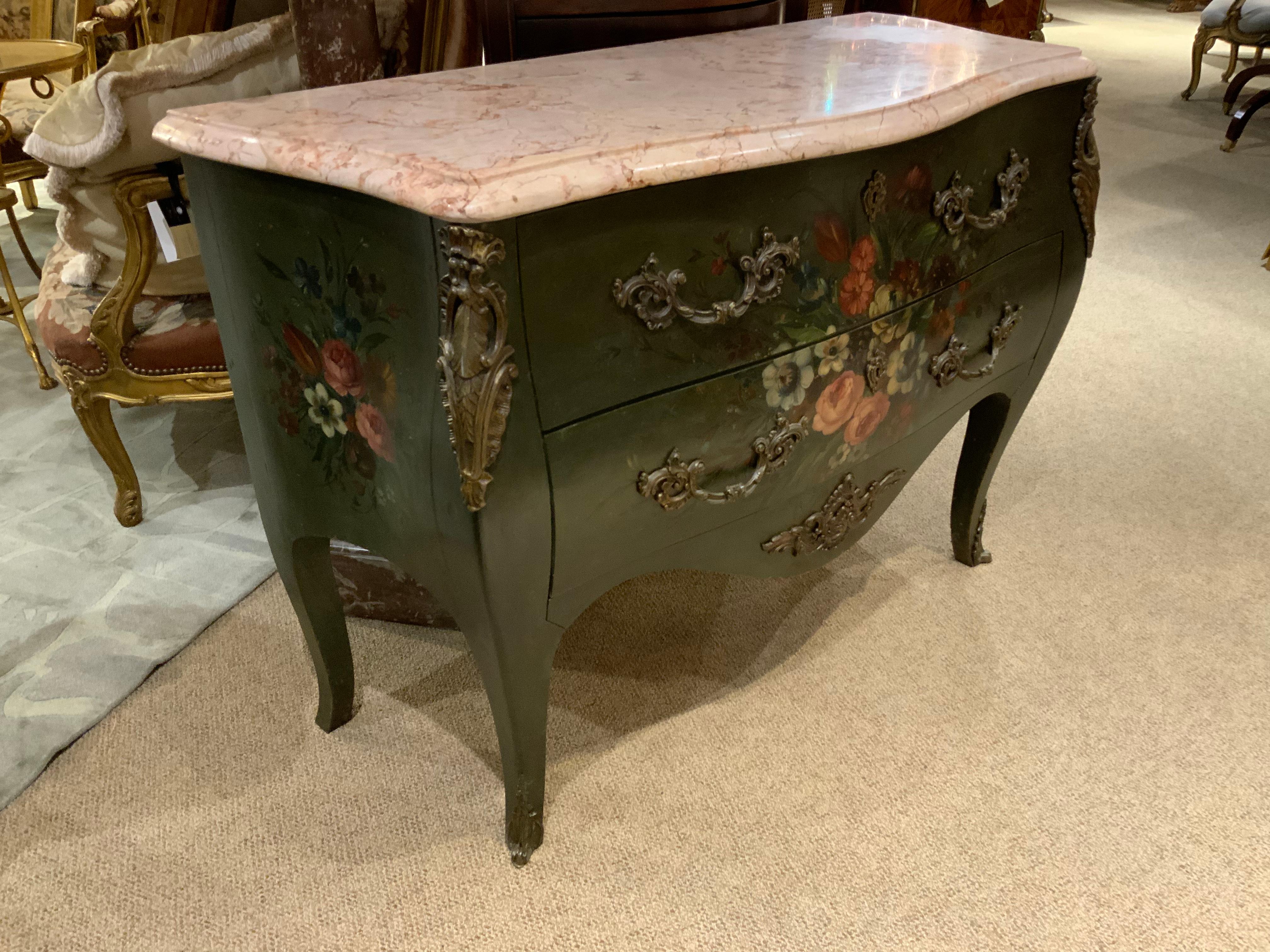Hardwood French Bombe Shaped Commode/Chest with Hand Painted Floral Design, Marble Top For Sale