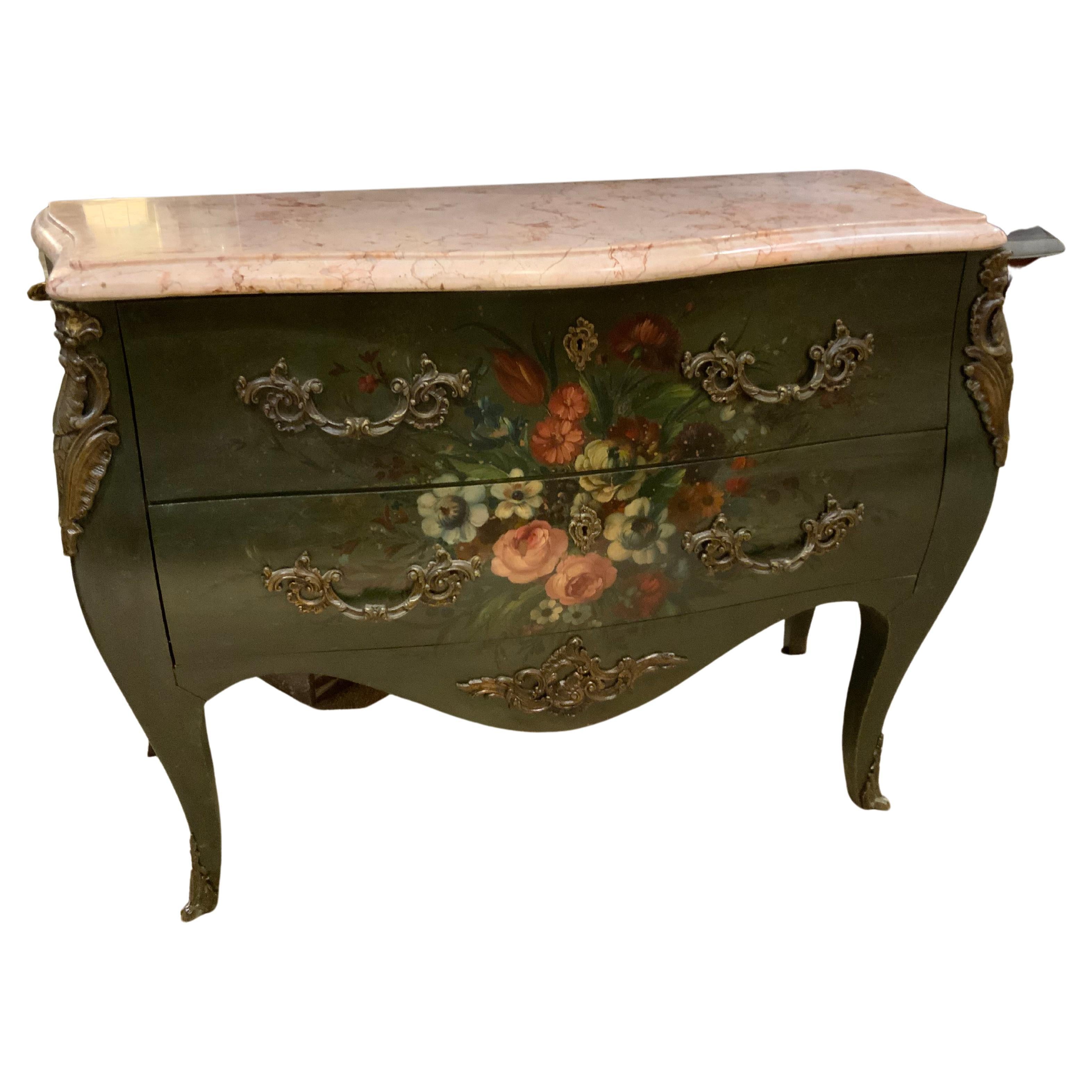 French Bombe Shaped Commode/Chest with Hand Painted Floral Design, Marble Top For Sale
